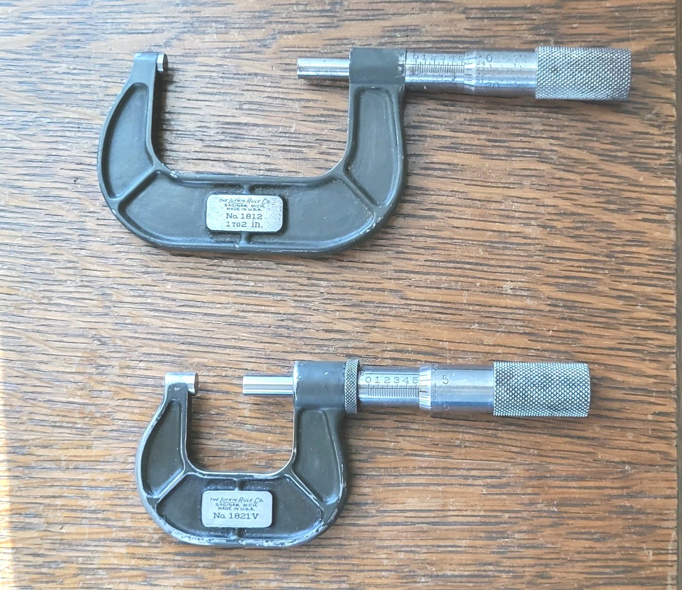 (2) Lufkin Rule Outside Micrometers – No. 1821 V (0-1″) & No. 1812 (1-2″) USA