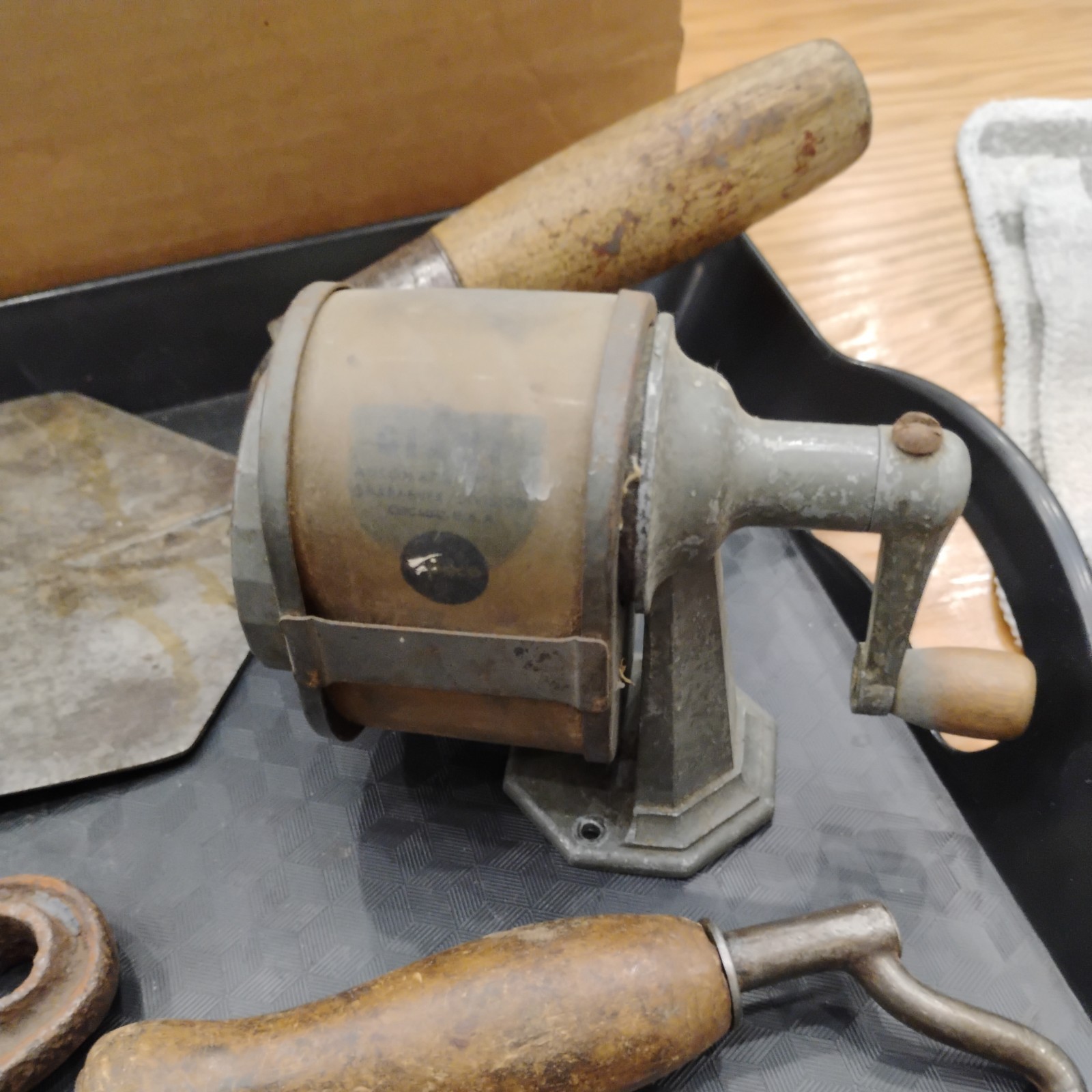 5 pcs Lot of vintage tools -mason tool, pencil sharpener, hook+