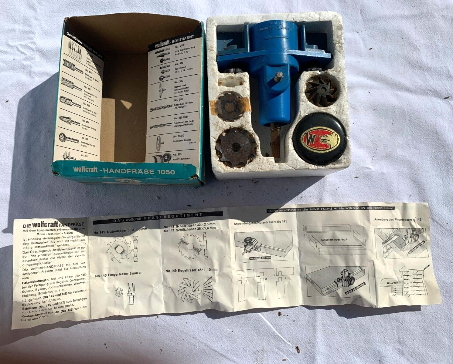 WOLFCRAFT HANDFRASE 1050 Hand Mill BOXED 1960’s Drill Attachment Tool & CUTTERS