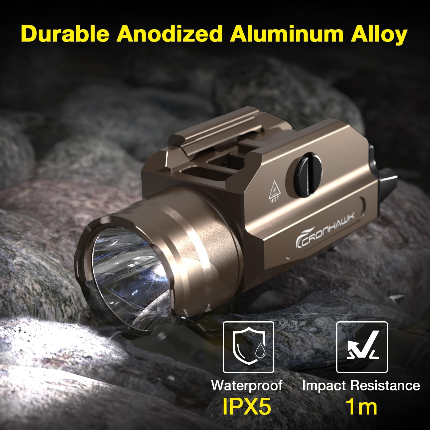 CRONHAWK Rechargeable Pistol Light, 1350 Lumen 3.5″D x 1.45″W x 1.45″H, FDE