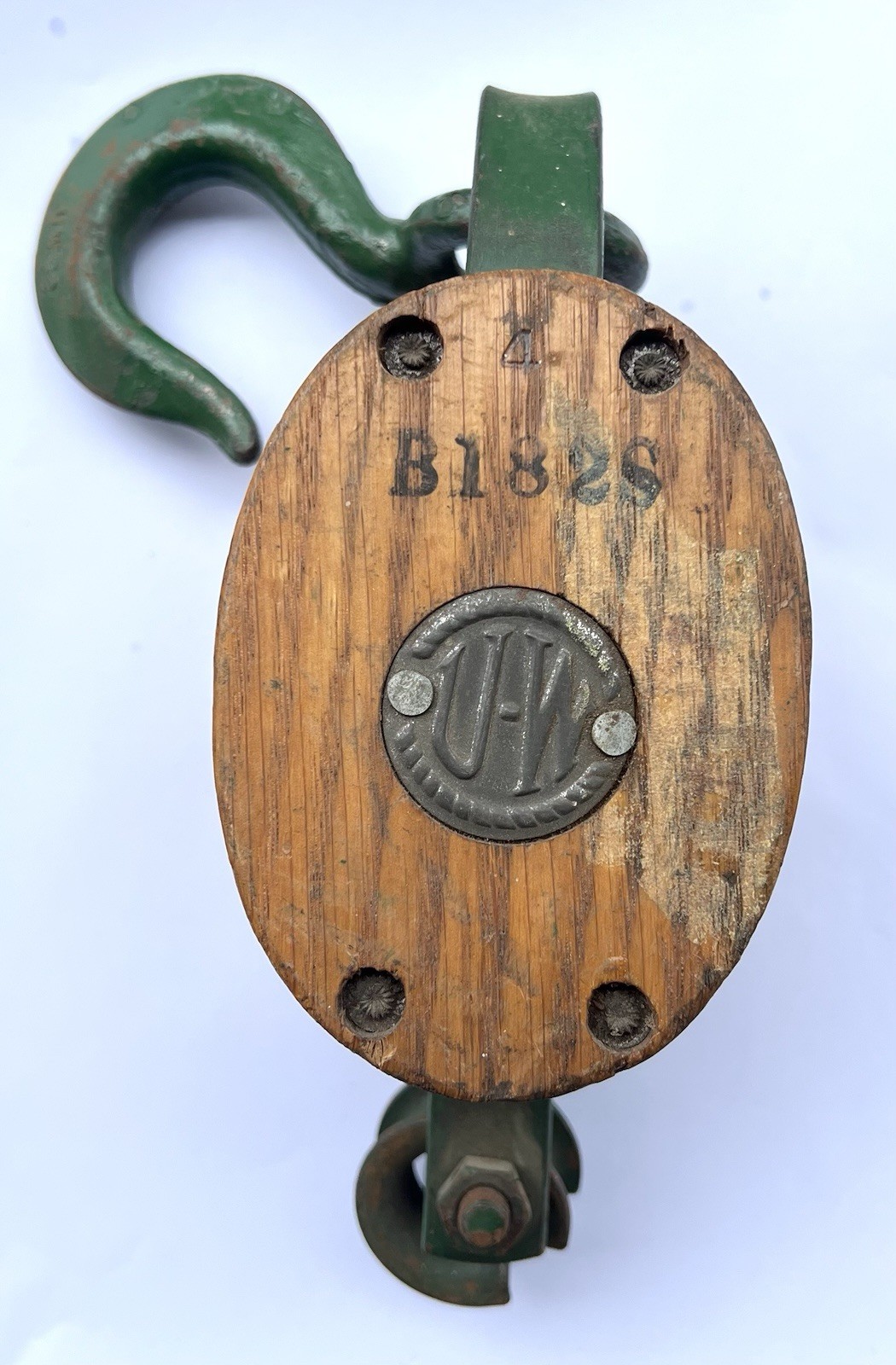 Vintage U•W 4 Upson Walton DOUBLE Wood/Steel Block & Tackle Pulley Hook