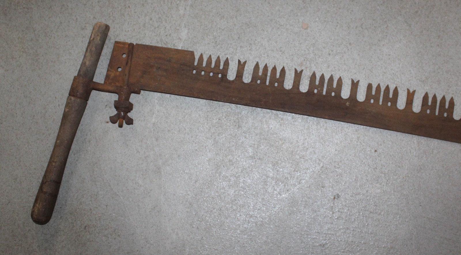 Vintage Two-Man Logging Saw – 6′ Long – Rare Perforated Lance Tooth Profile