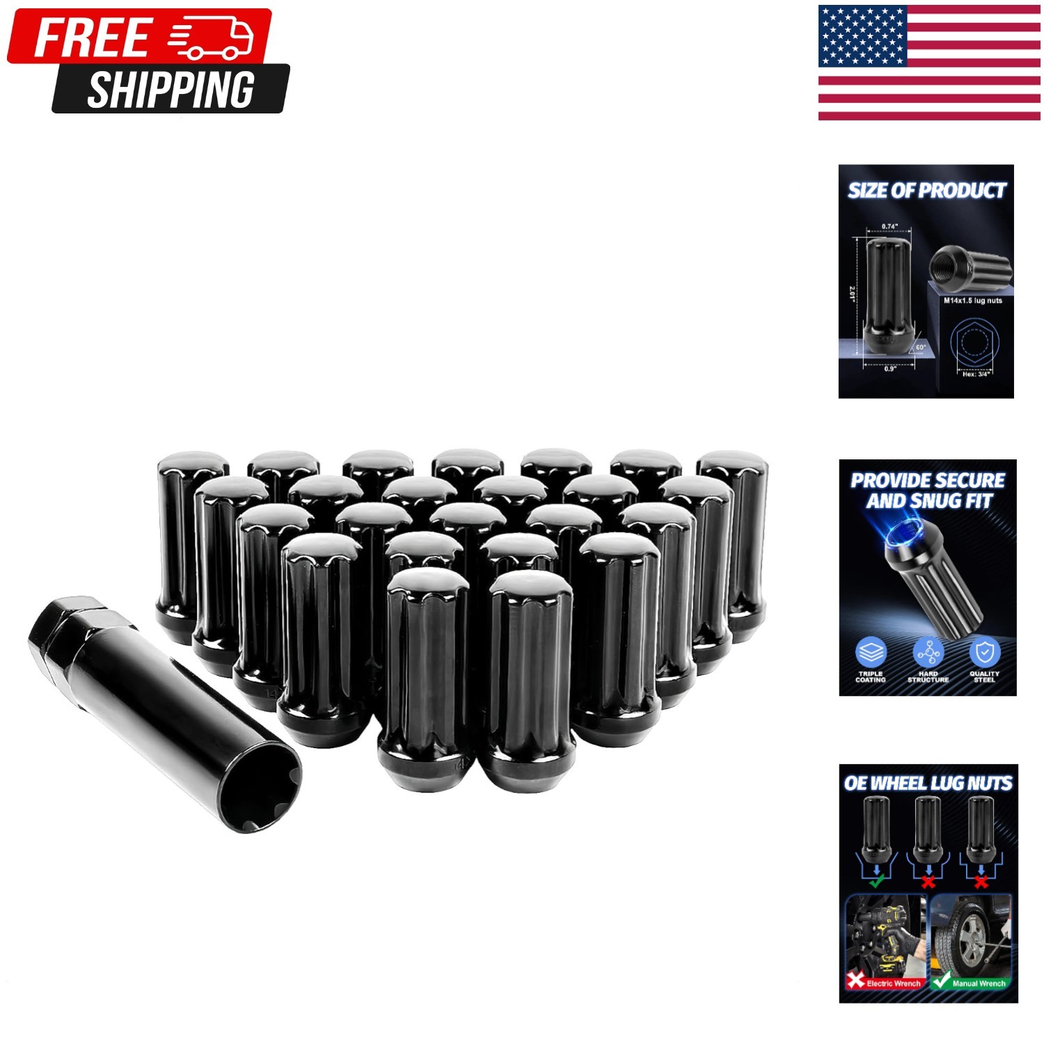 Set of 24, M14x1.5 Lug Nuts Black XL Spline Wheel Lug Nuts for 6 Lug Aftermaket,