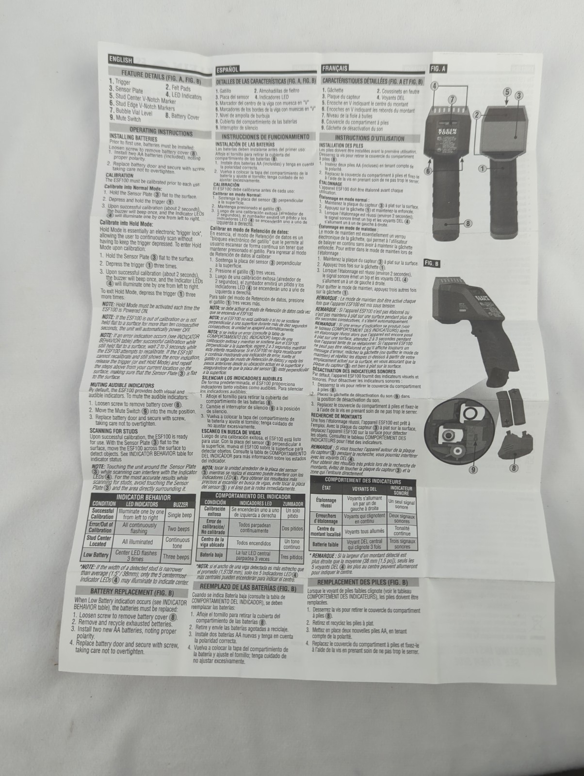 KLEIN TOOLS ESF100 ELECTRONIC STUD FINDER WOOD & METAL STUDS