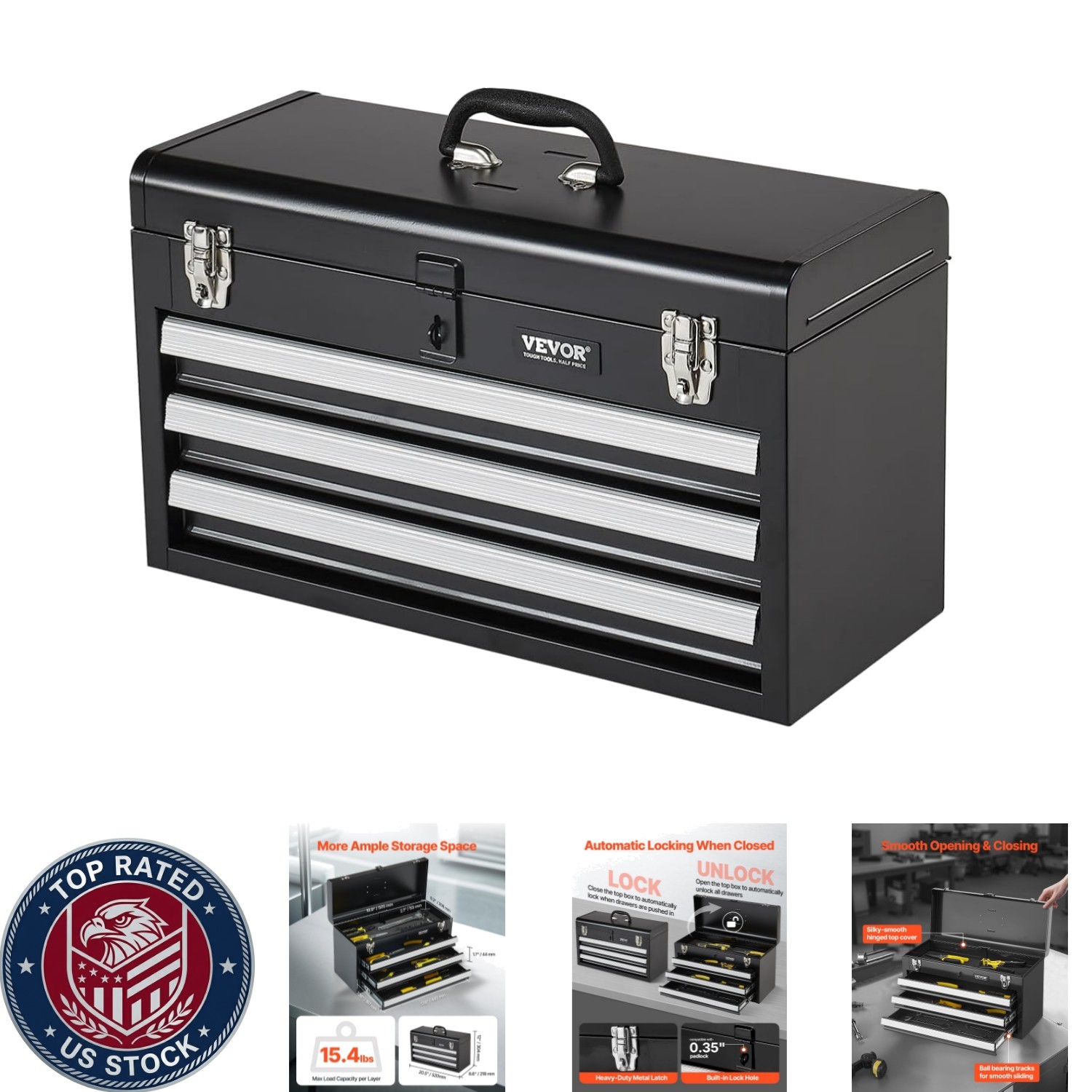 Durable 3-Drawer Metal Tool Chest with EVA Liners & Auto-Locking Mechanism