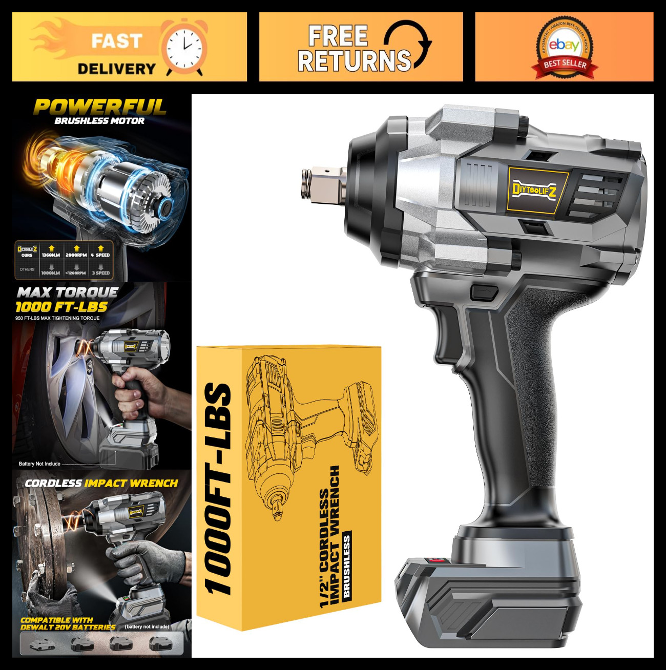 Cordless 1/2″ Impact Wrench, 1000 Ft-lbs Torque, 4 Modes, LED Light, Electric To