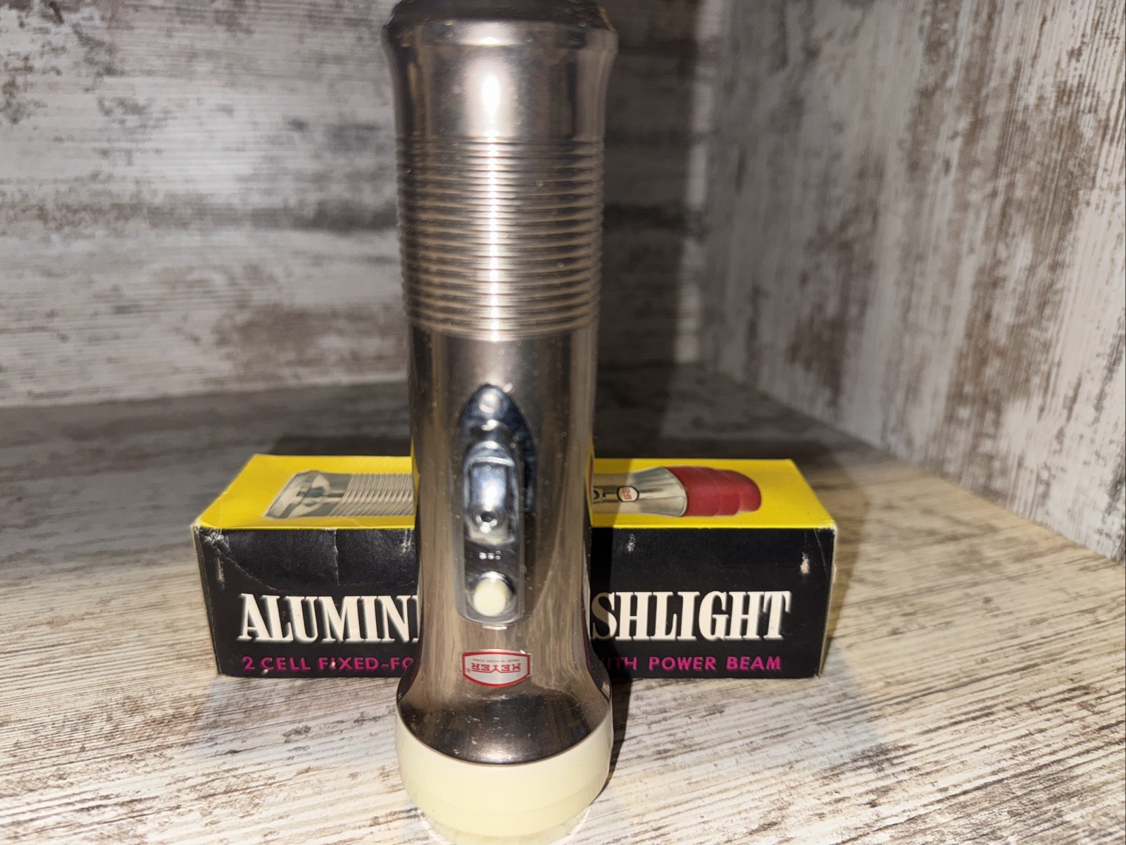 Vintage Meyer Anodised Aluminum Flashlight Model No 3617 Chrome Colored.