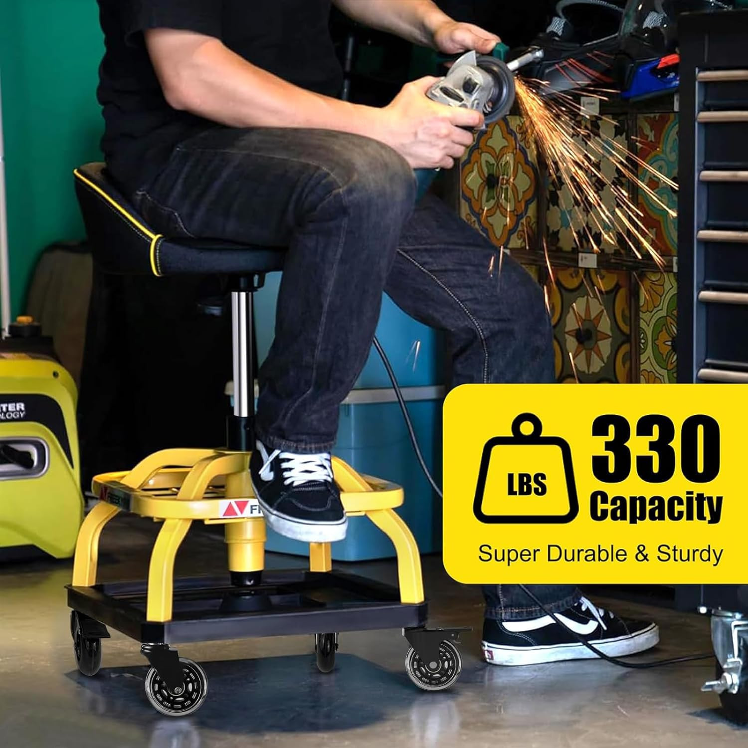 Rolling Shop Stool with Wheels, Garage Work Mechanic Stool with Backrest, Roller