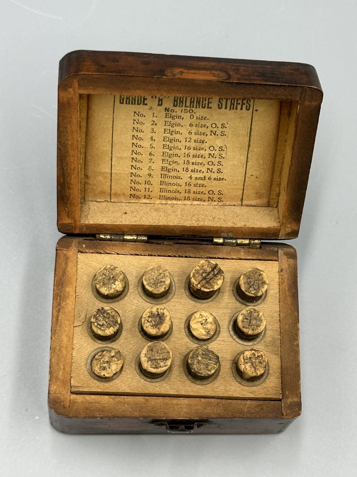 Antique WATCH REPAIR PARTS Original WOOD BOX Watchmaker ELGIN Balance Staffs