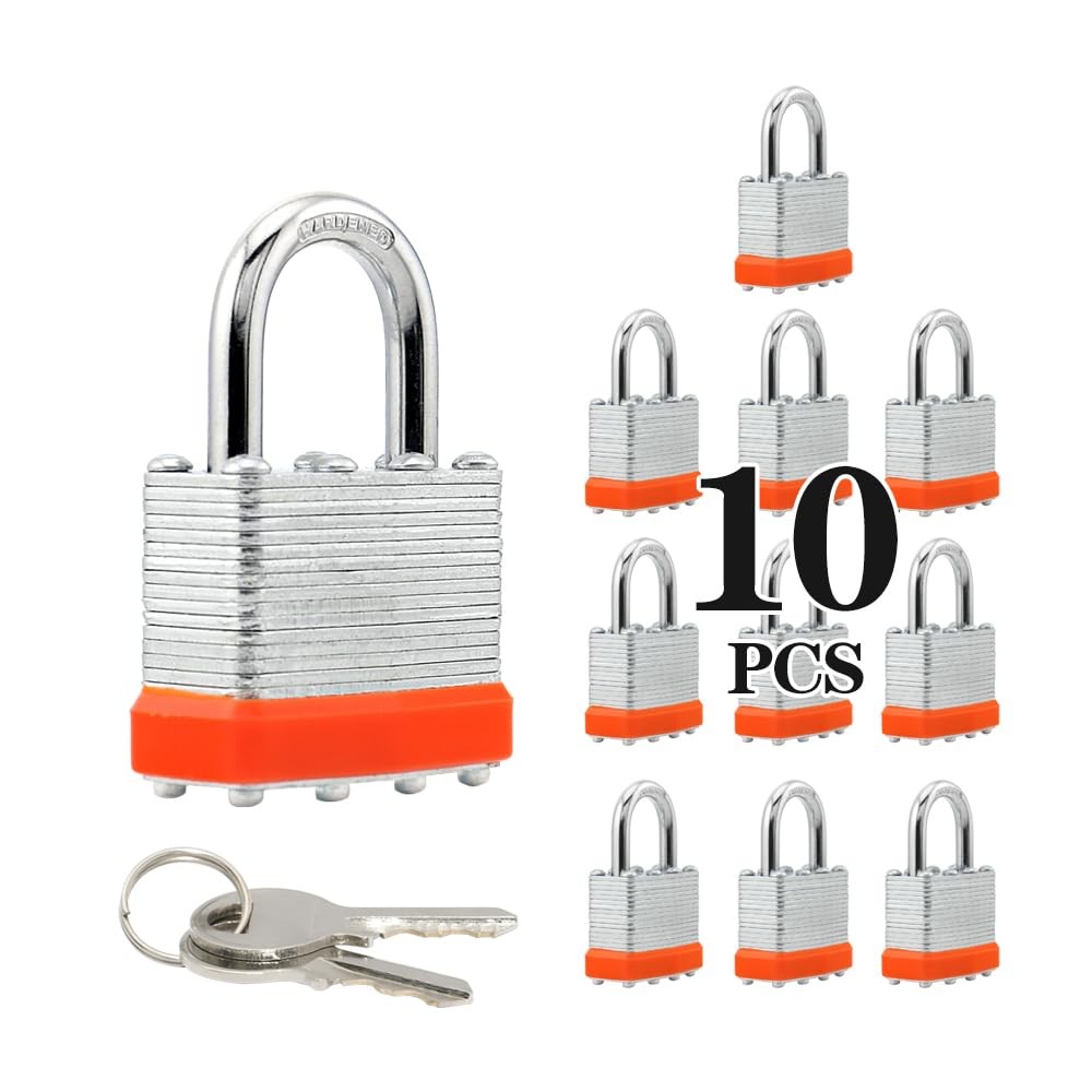 Laminated Steel Keyed Padlocks, 10 Pack, Keyed Alike, Normal Shackle, 1-9/16″…