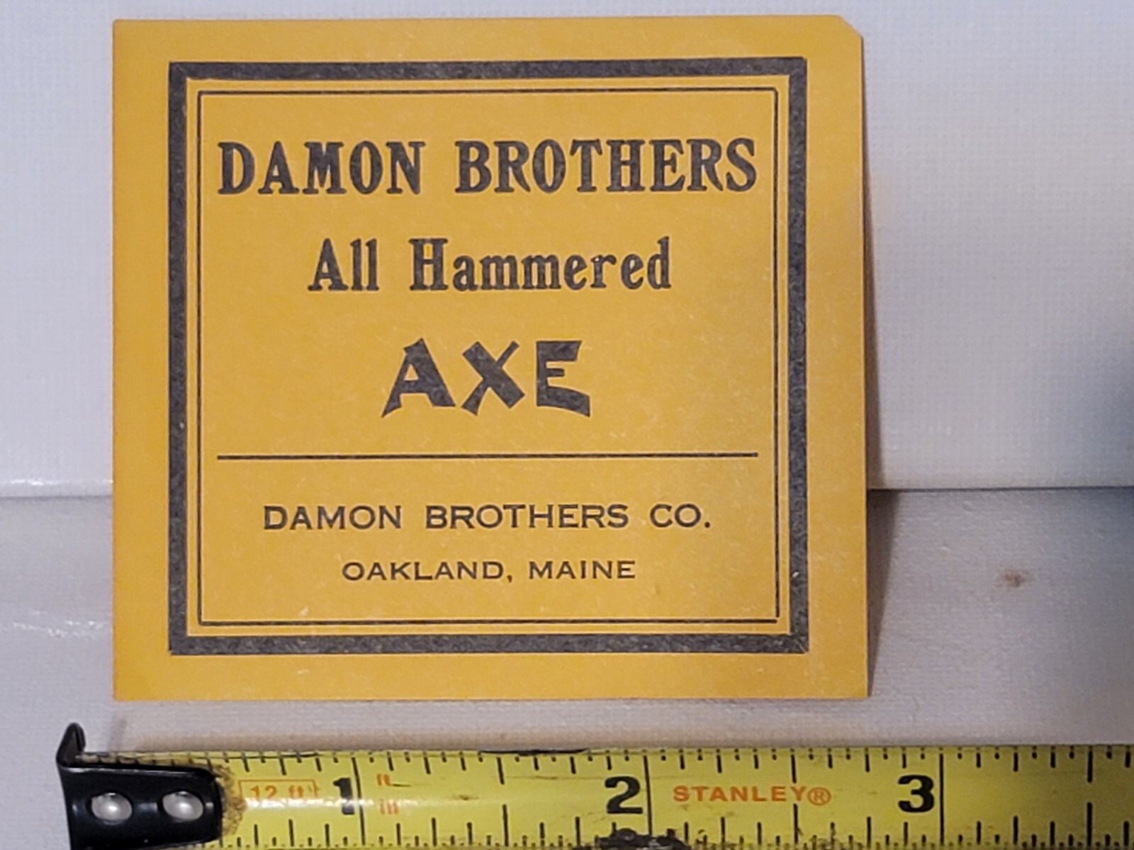 axe label DAMON BROTHERS LABEL HAMMERED AXE OAKLAND MAINE RARE GREAT CONDITION
