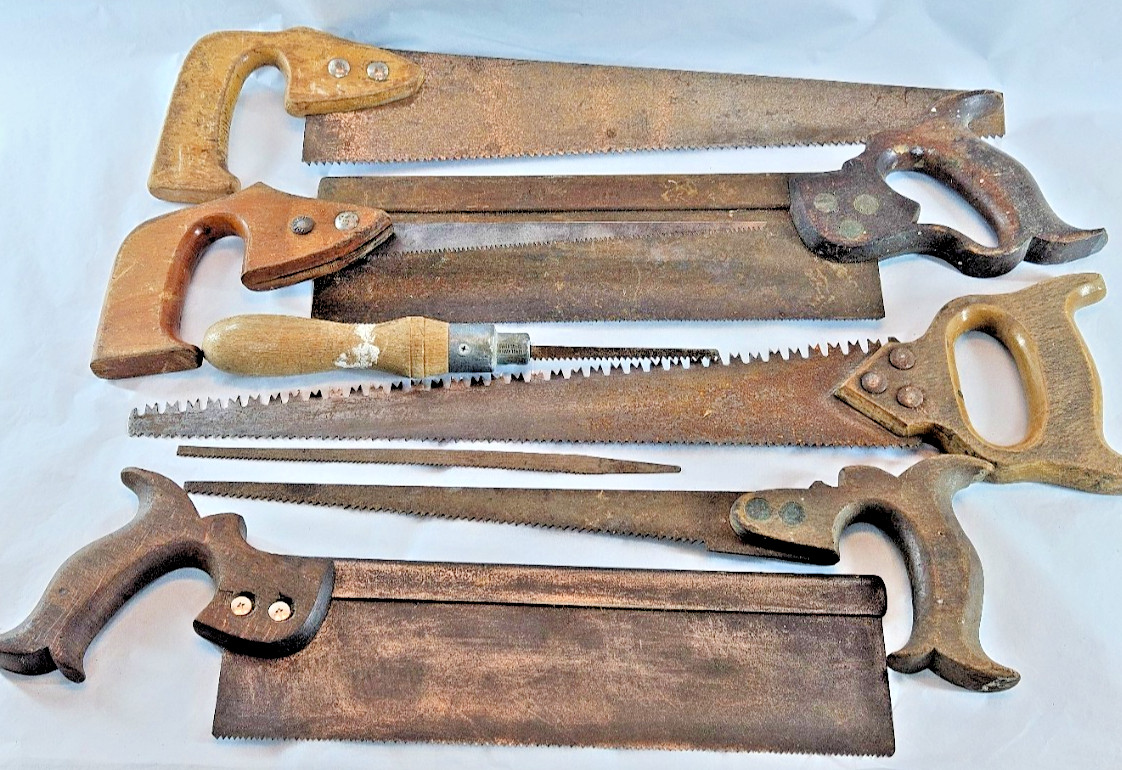 Vintage Hand Saws Job Lot 7pc Sheffield Carpenter Tools Tenon Woodworking Old