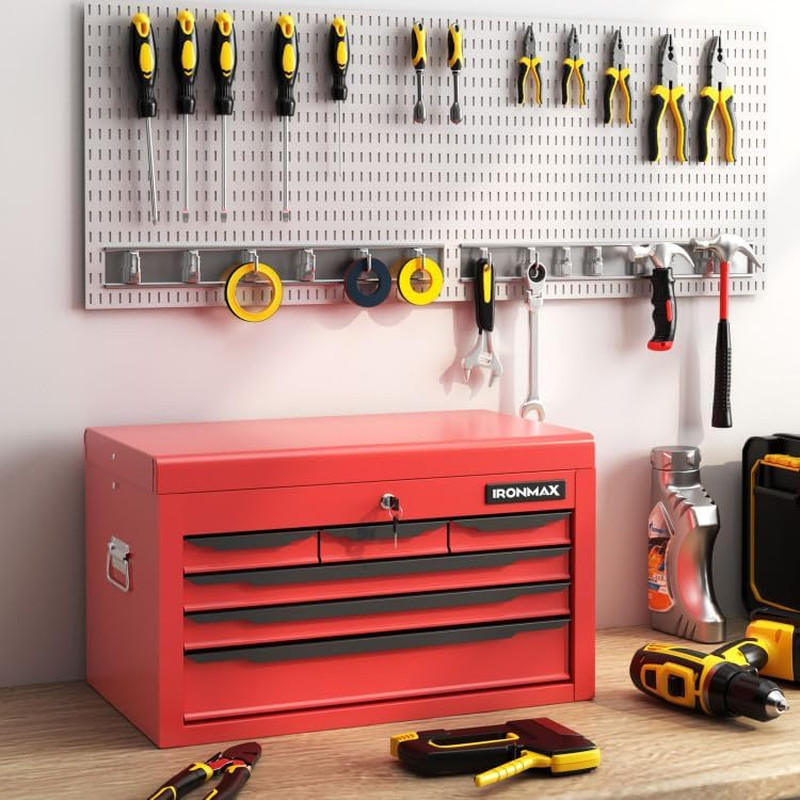 Sturdy Metal Tool Box with 6 Drawers & Top Tray – Black/Red Finish