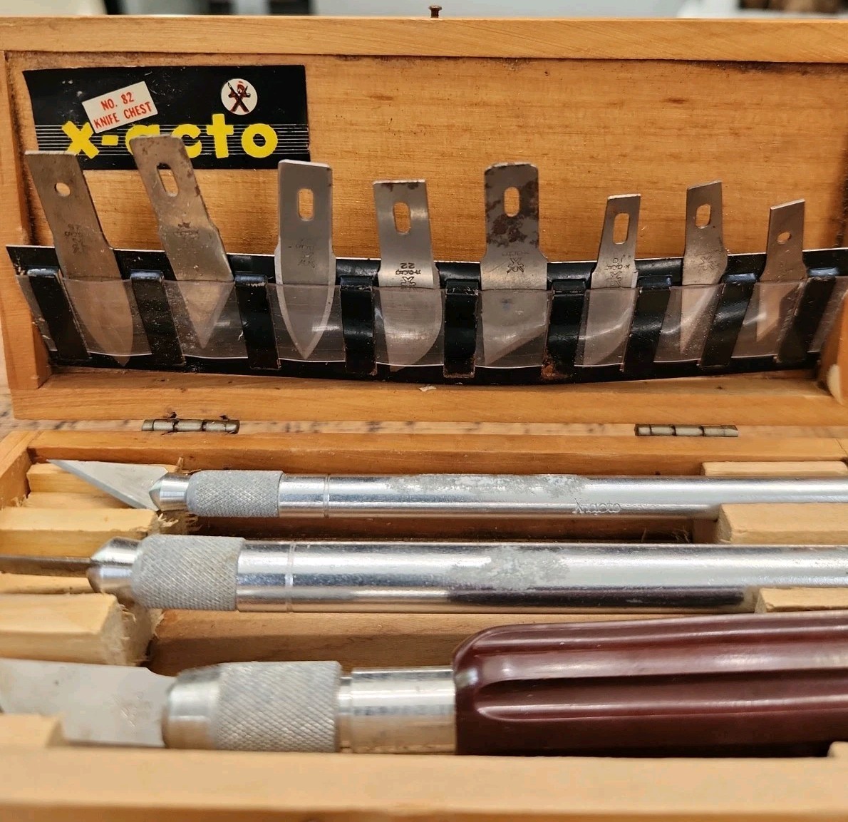 Vintage Set Of X-Acto Knives & Tools In Wooden Box 3 Handles 11 Blades USA
