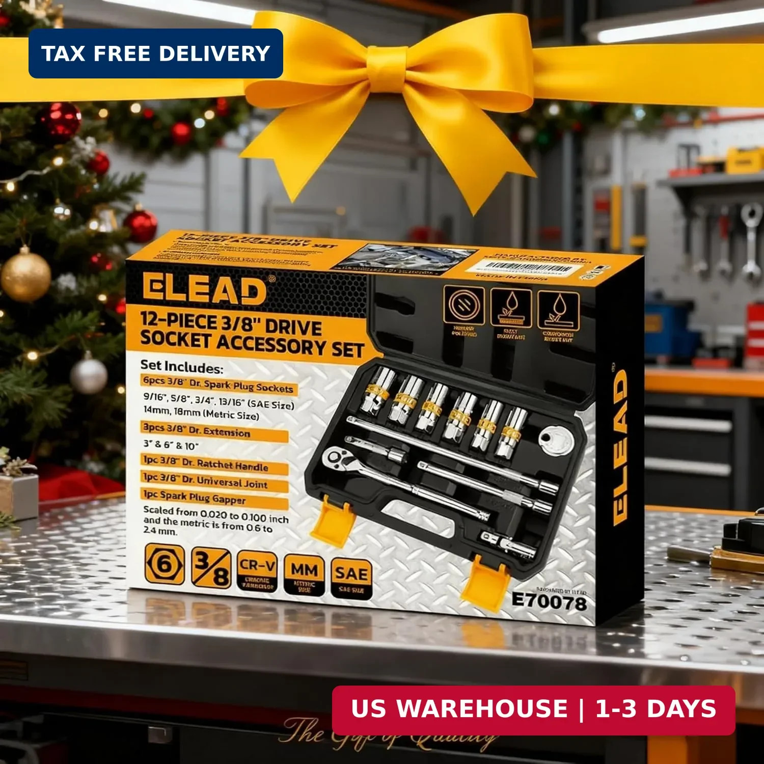ELEAD 12-Piece 3/8″ Drive Spark Plug Socket Set with Ratchet Handle, Universal J