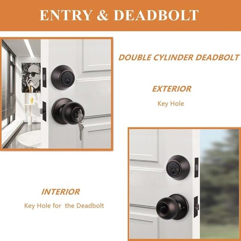 Double Cylinder Deadbolt Lock Set High Security Easy Key Access Adjustable Latch