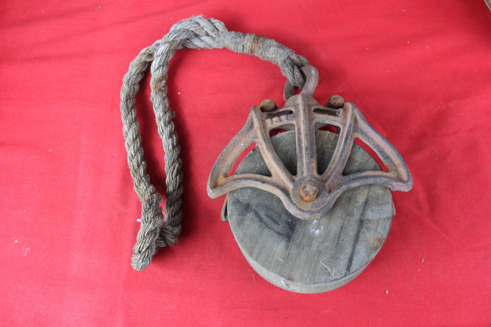 Antique Cast Iron Barn Pulley 5″ Wood Wheel Vintage Farm Decor
