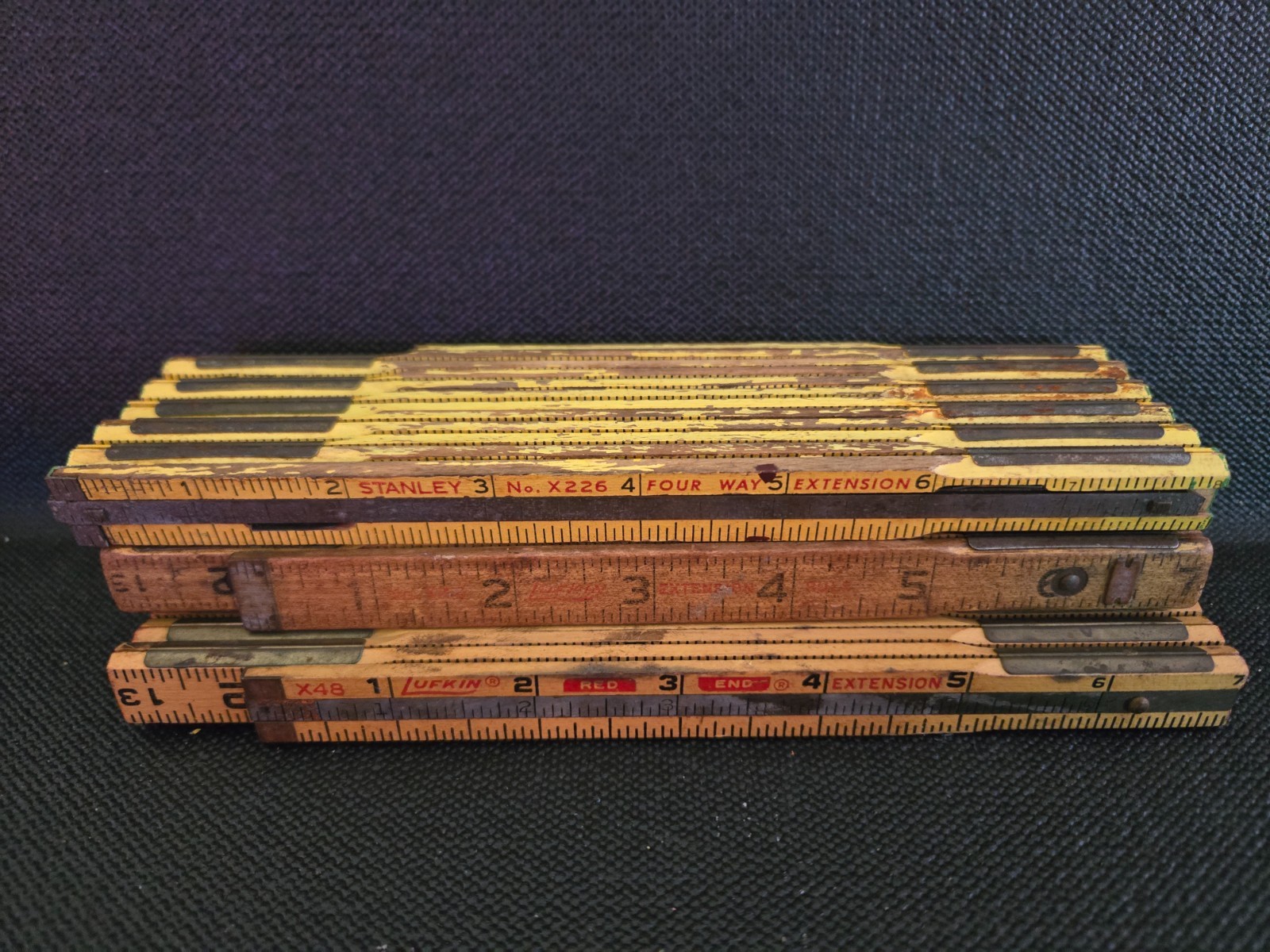 Vintage 2 Lufkins & 1 Stanley Slide Table Folding Wood & Brass Tape Measures
