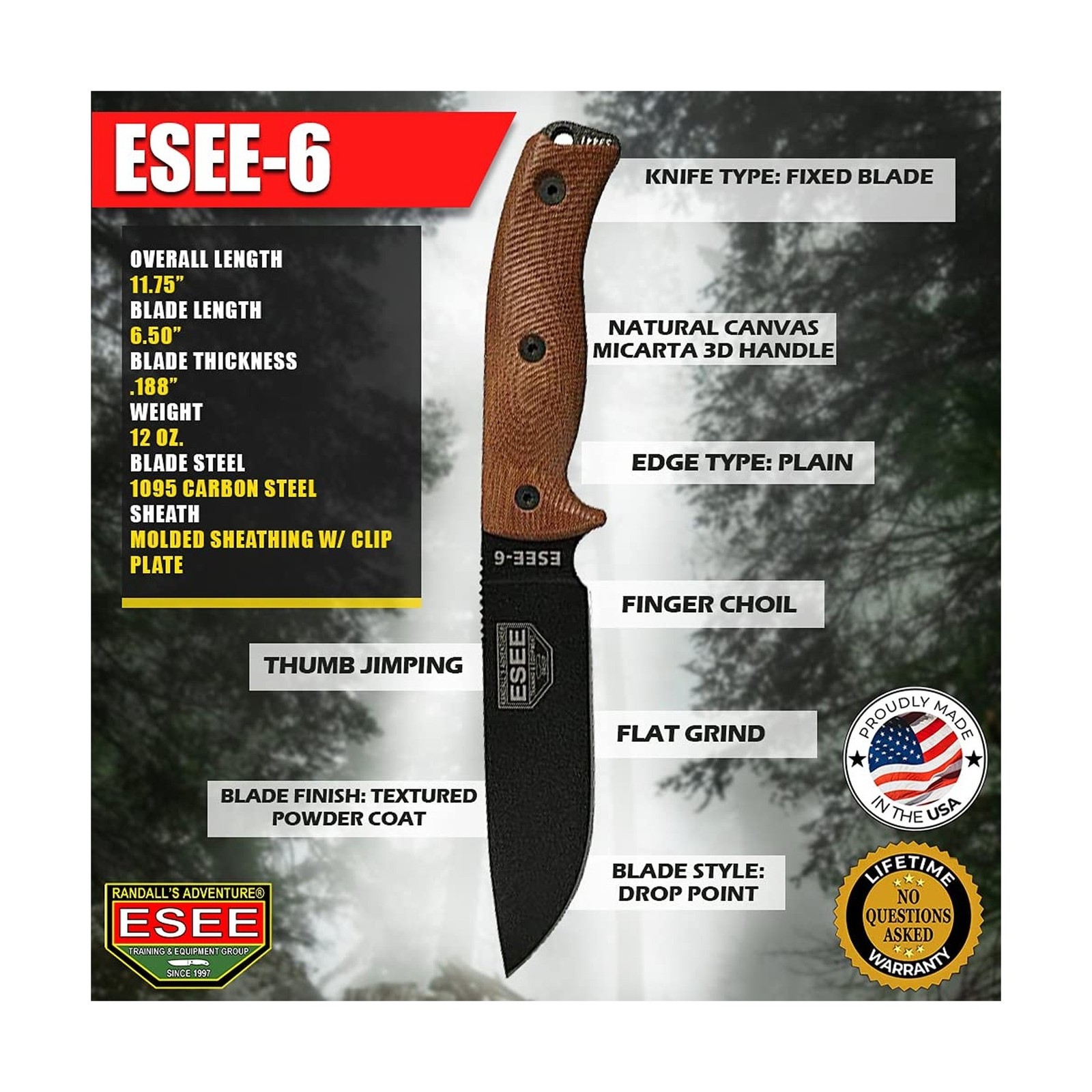 ESEE-6 1095 Carbon Steel, Black Sheath (Black Blade, Natural Canvas Micarta 3…