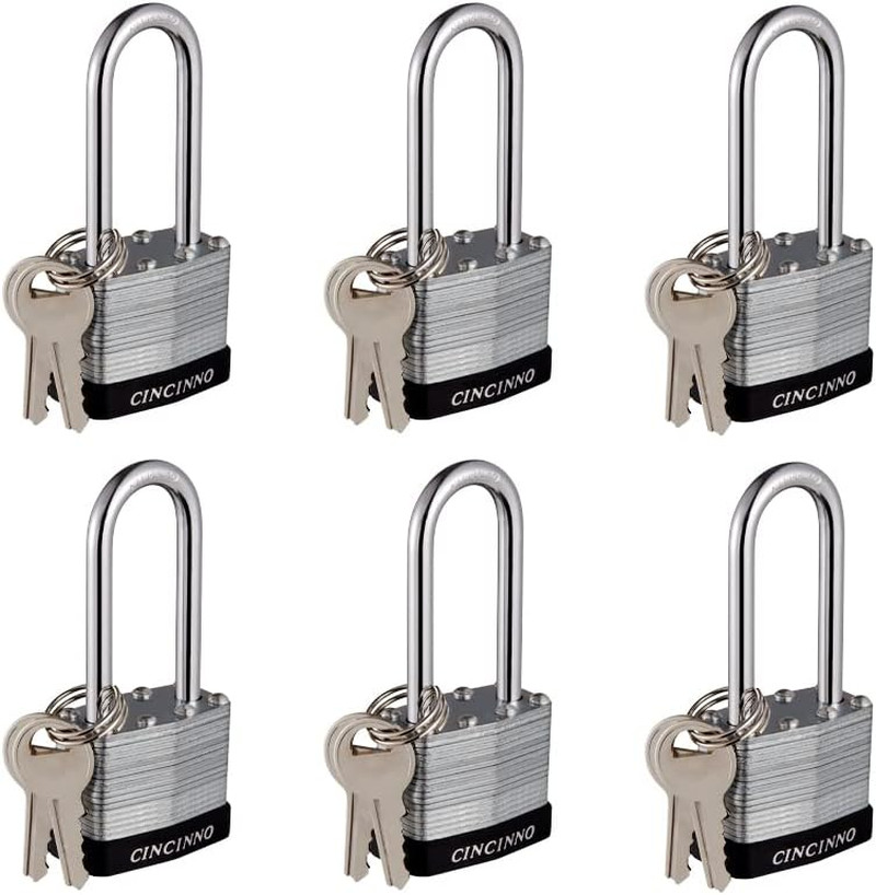 CINCINNO Laminated Steel Padlock with Key，6 Pack Keyed Alike Padlocks with Long