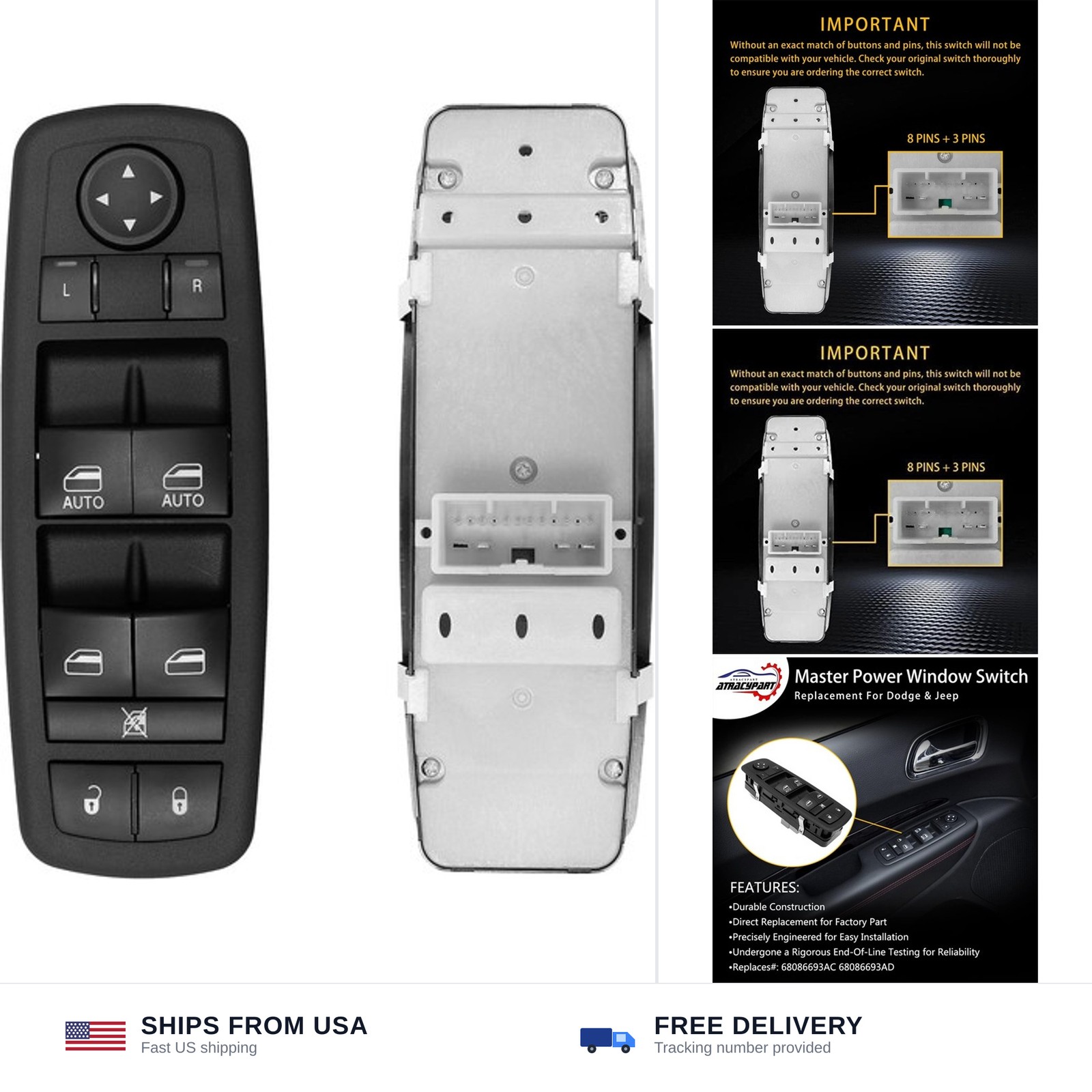 Master Power Window Switch, Fits 11-14 Dodge Durango, Jeep Grand Cherokee | 3…