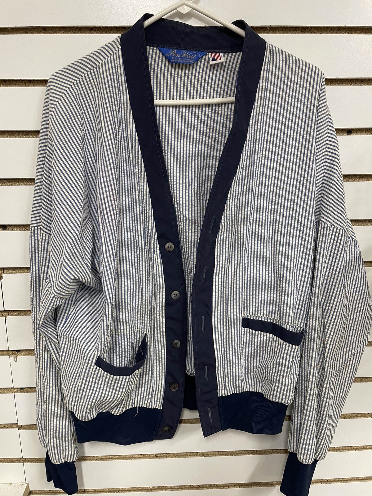 Vintage Pen West Womens Large Cardigan Shirt Stripes USA NLHB