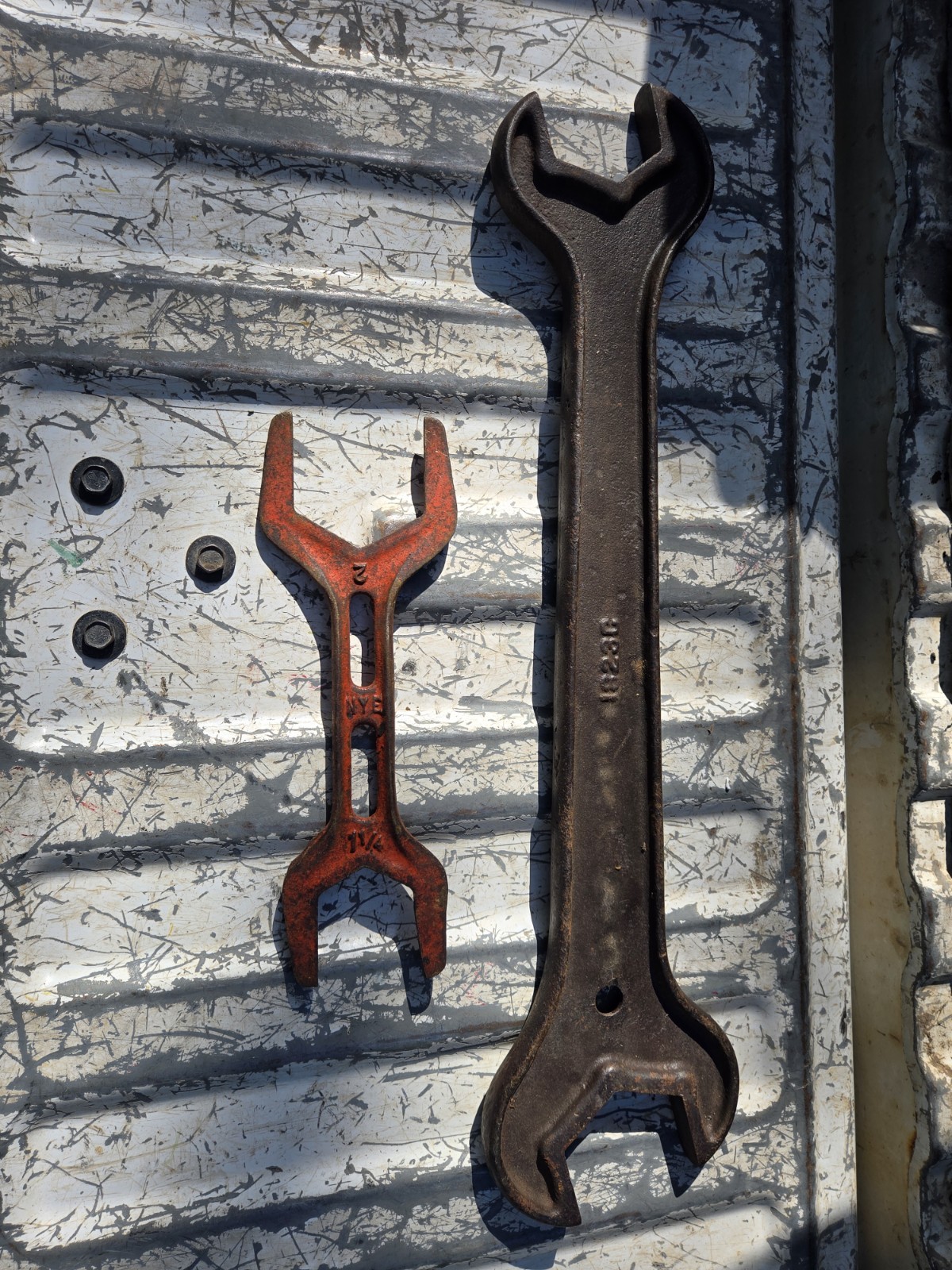 Lot of 2 Vintage Cast Iron Wrenches JI Case 1823C & NYE P935 Skeleton Spud Tool