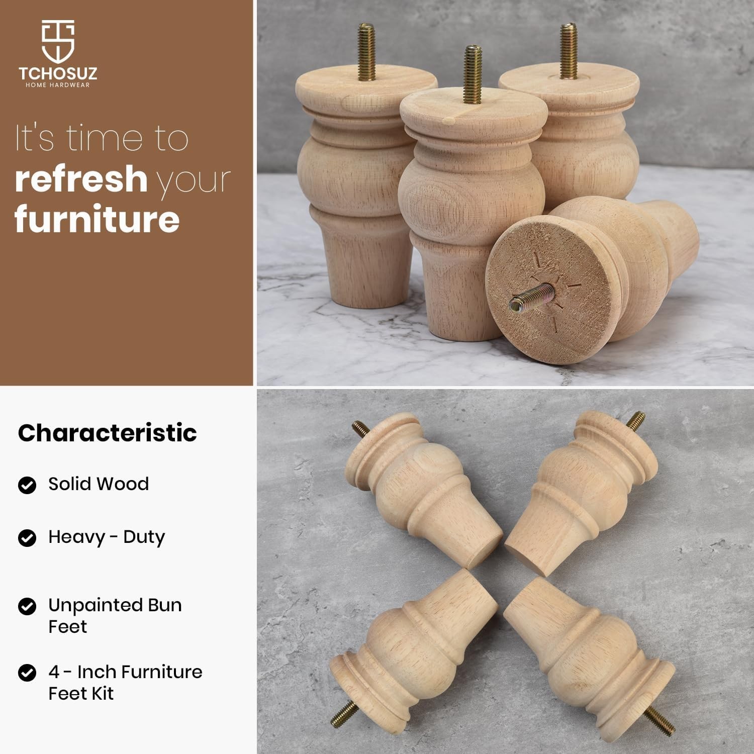 4 inch Solid Wood Bun Feet Unfinished 4-Pack with 5/16″ Bolts | Unfinished to…