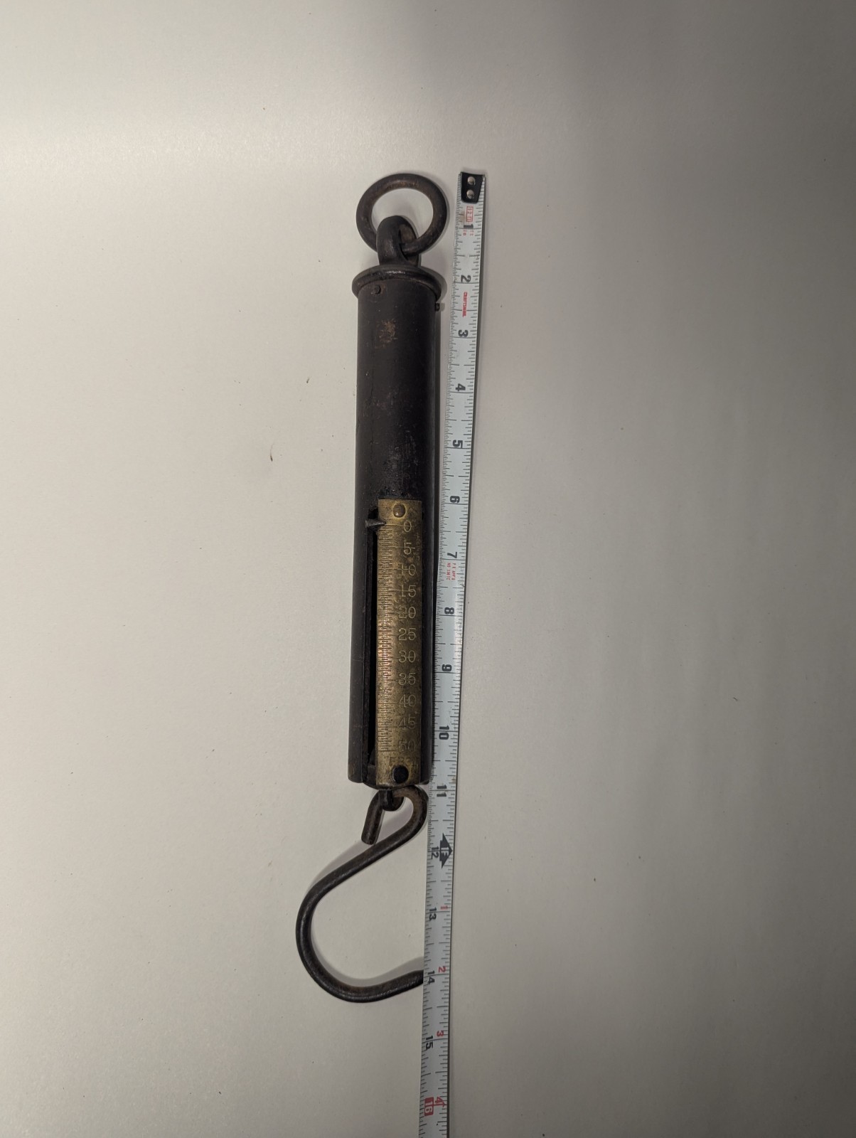 Antique 50 Lb Hanging Steel Scale With Brass Weight Plate 14″ Tall GC FREE SHIP