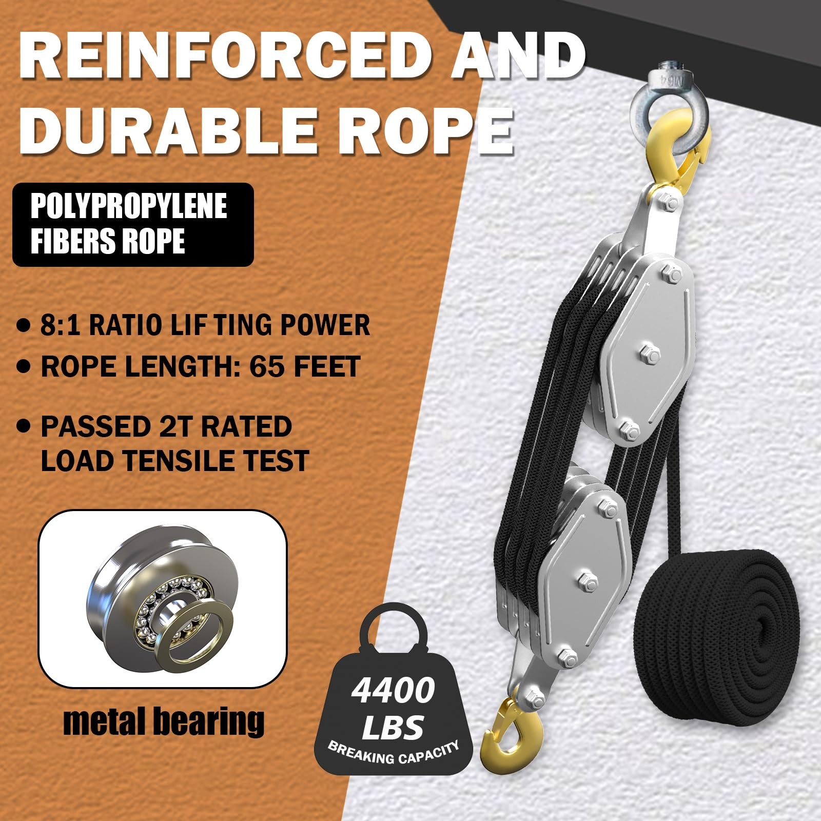 YATOINTO Rope Hoist Pulley System, 4400LB UPGRADED-4wheels, black