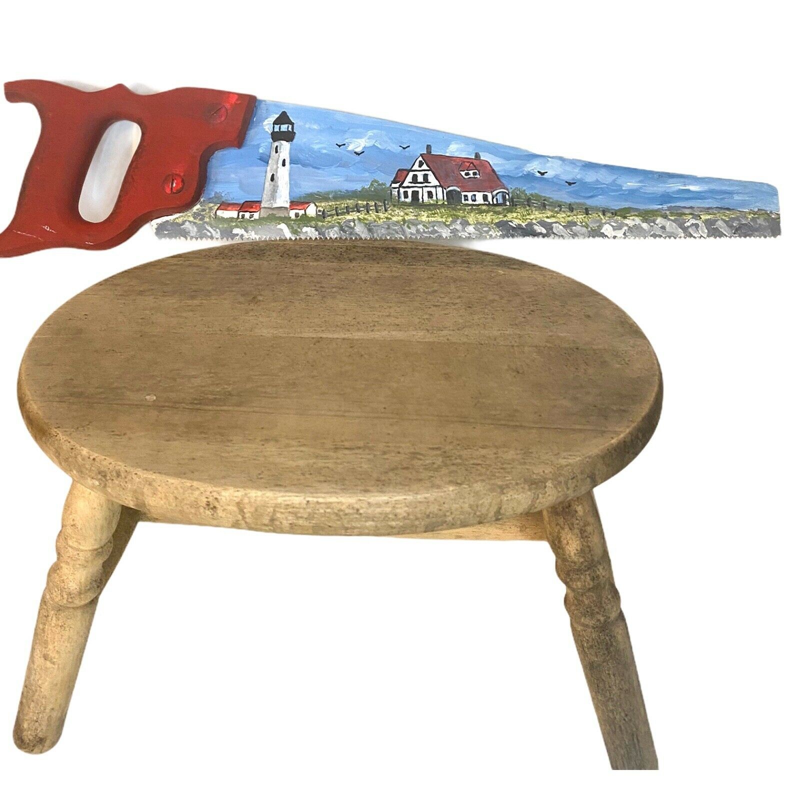 Lighthouse Beacon Saw Scenic Seagulls Blue Sky 19.5 inch Hand Painted 1 Man