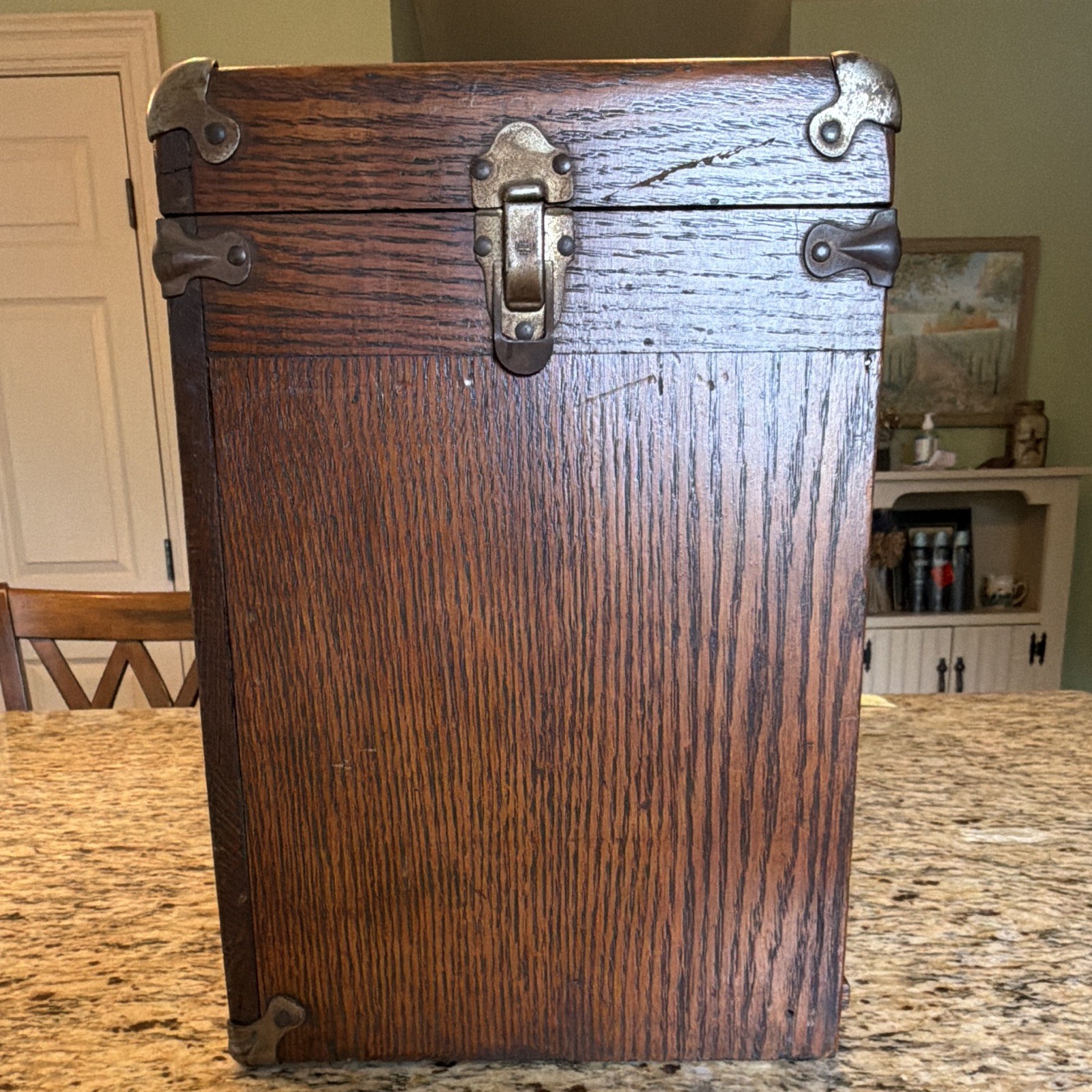 Corbin Vintage Oak Wooden Tool Chest Box w/ Hinged Lid, Drawers & Metal Latches
