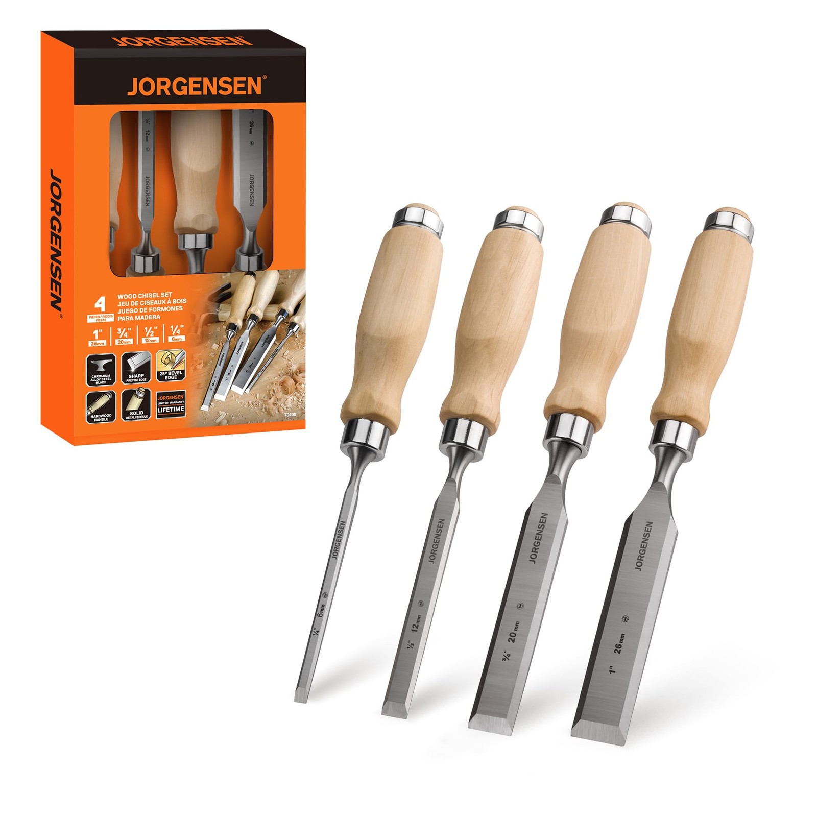 Jorgensen 4Piece Wood Chisel Set, Chromium Alloy Steel Beveled Edge Wood Chis…
