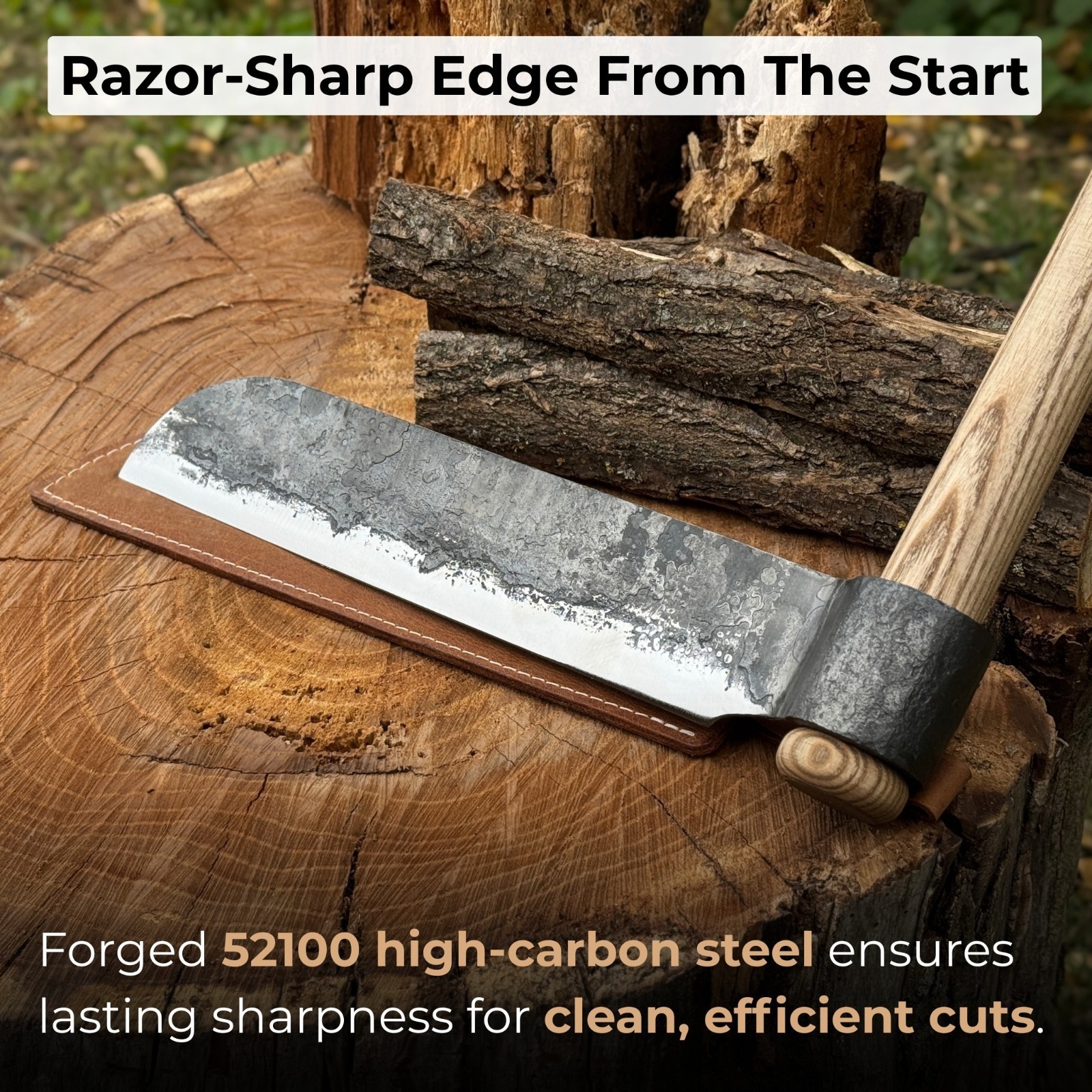 Wood Splitting Froe Hand Forged Riving Froe 52100 Steel Ash Handle Sheath