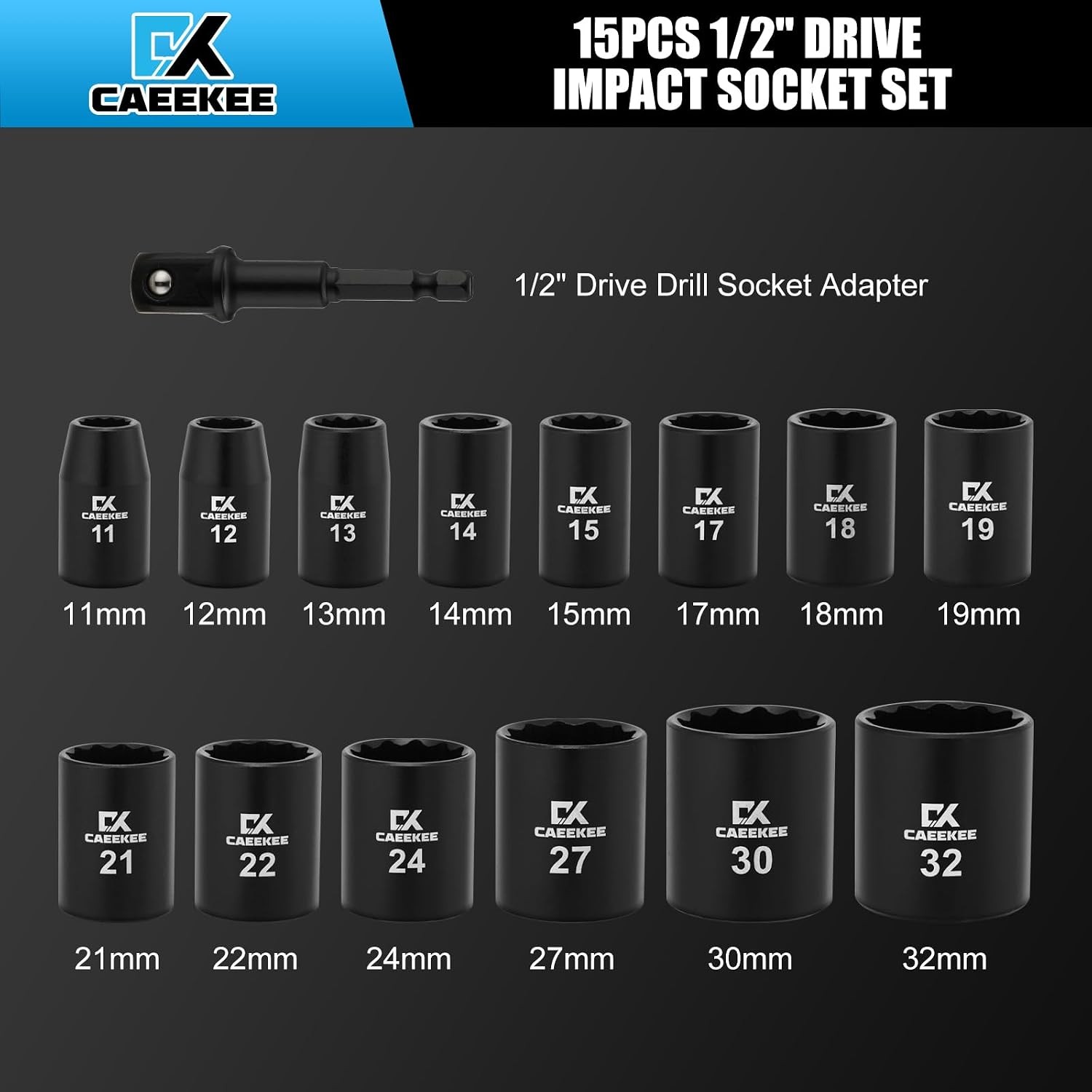 1/2″ Drive Cr-V 15PC Metric Impact Socket Set 12pt Shallow 11mm-32mm Point