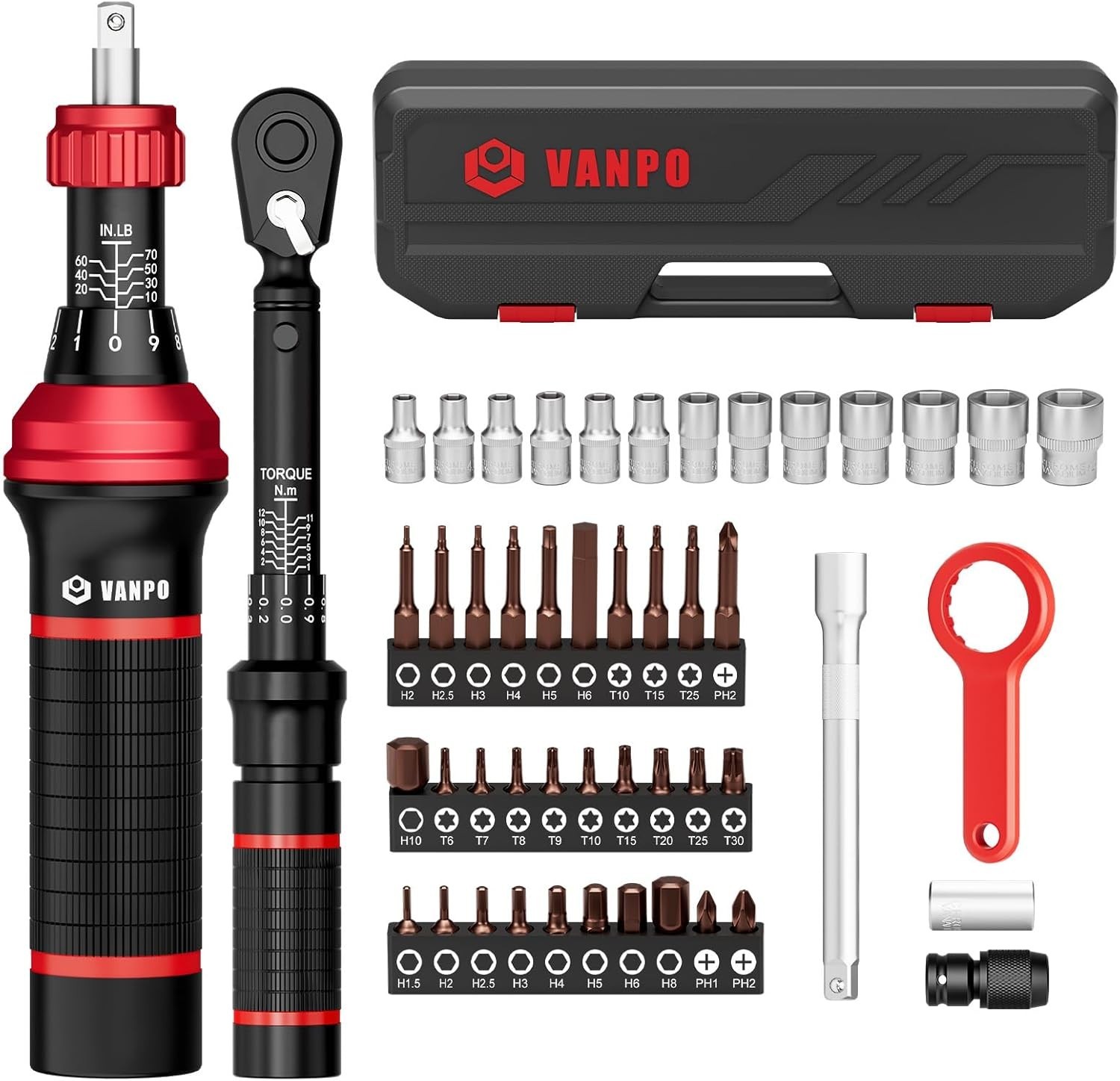 VANPO 48Pcs Torque Screwdriver Wrench Drive Set, 1/4″ Drive Small Torque Wren…