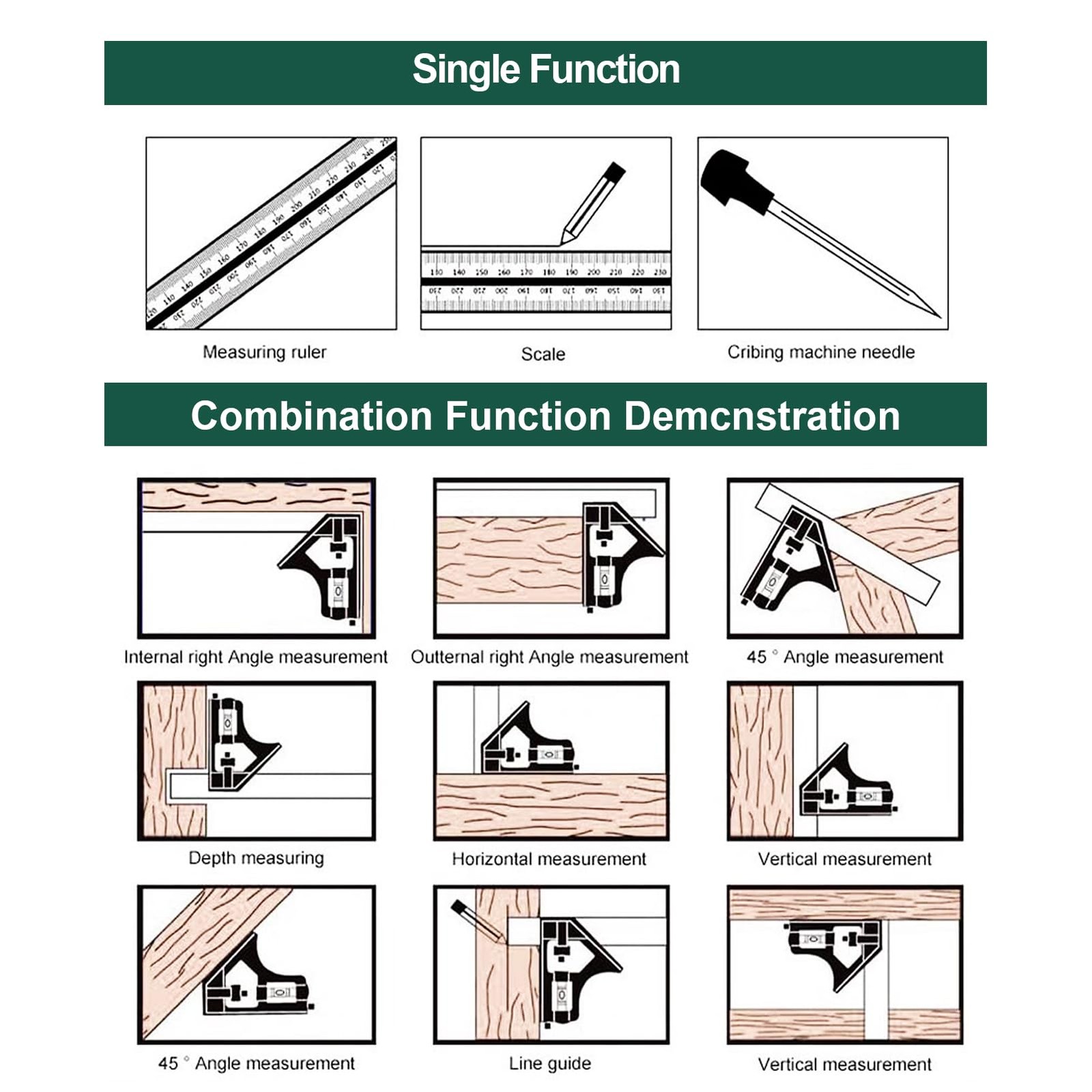 Nortools Combination Square Carpentry Tools with Metal-Body, set 1, Green