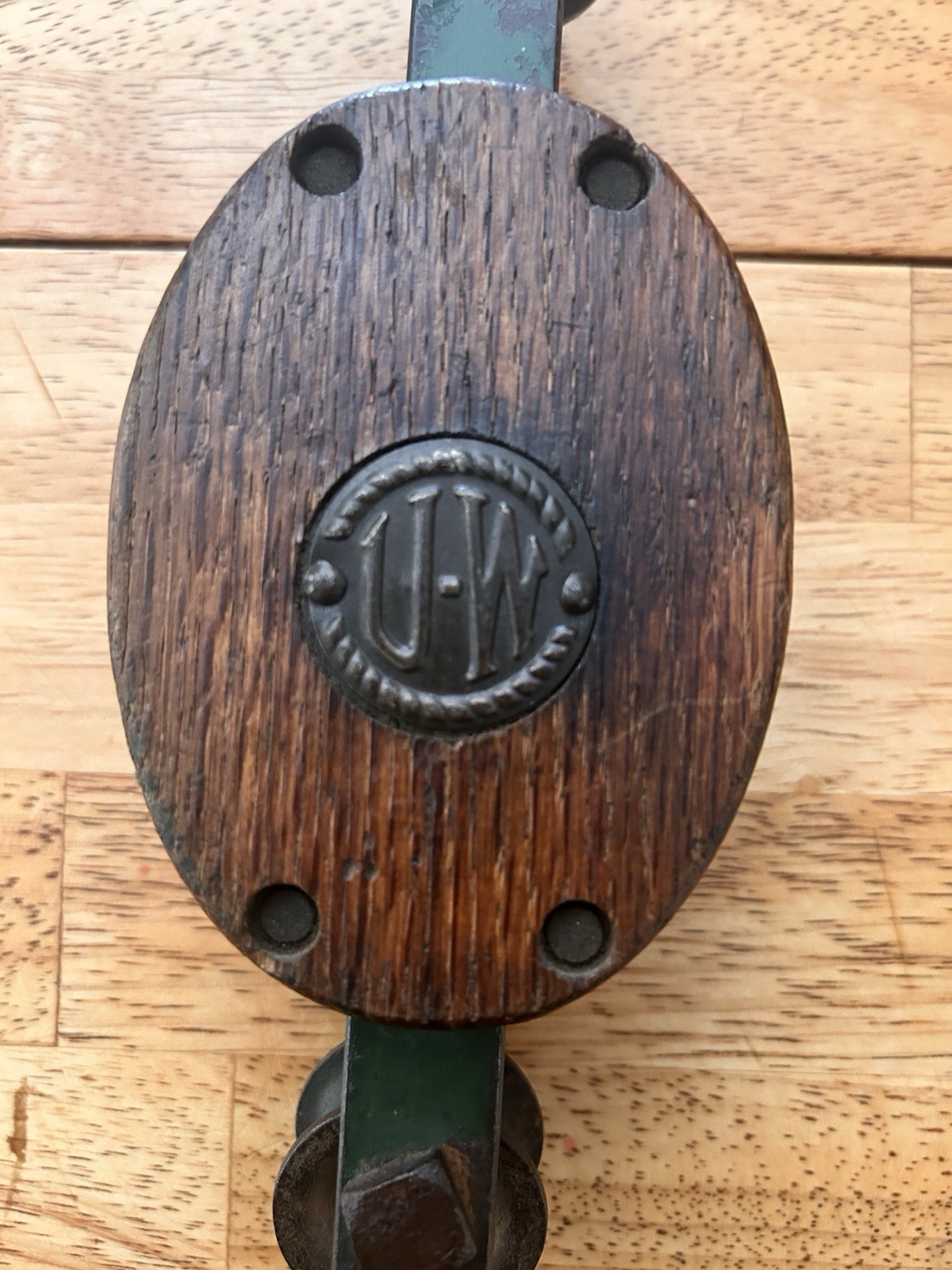Vintage Upson-Walton U-W Wood Pulley Block Single Sheave Iron Hook Cleveland