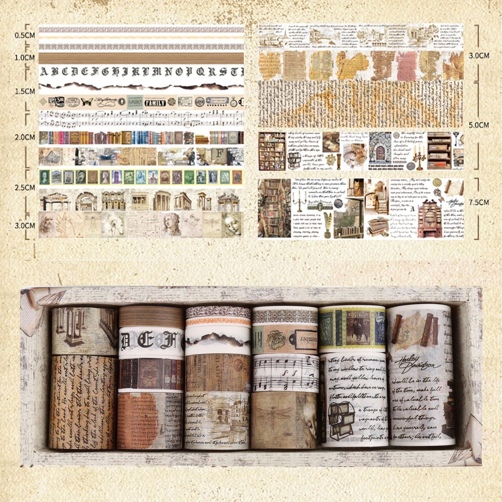 18 Rolls Vintage Washi Tape Pack Retro Arts Adhesive Tapes Wide Monologue Dec…