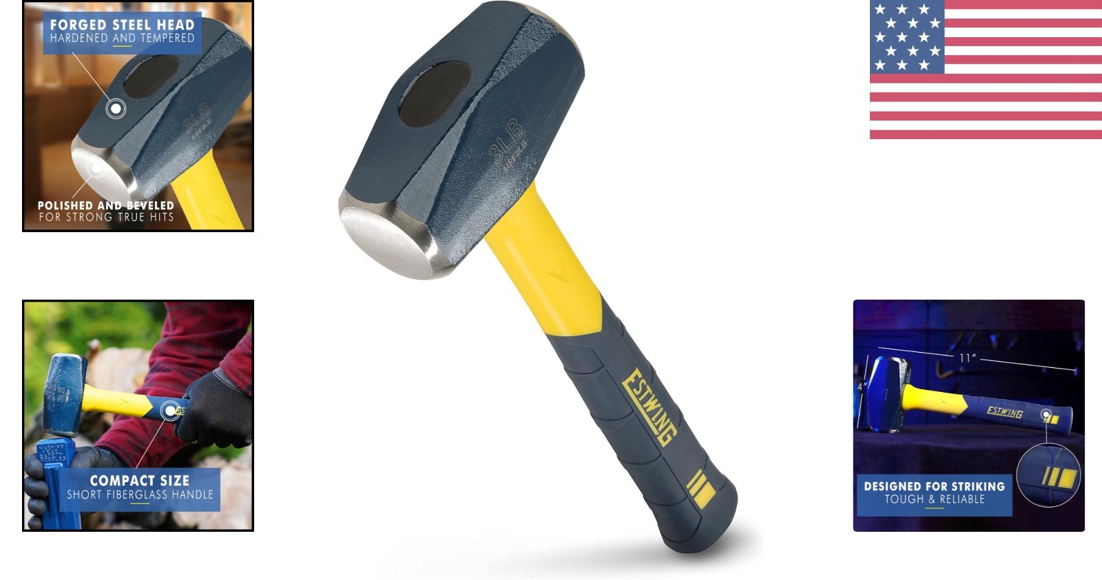 Sure Strike 3-Pound Forged Steel Sledge Hammer with Non-Slip Fiberglass Handle