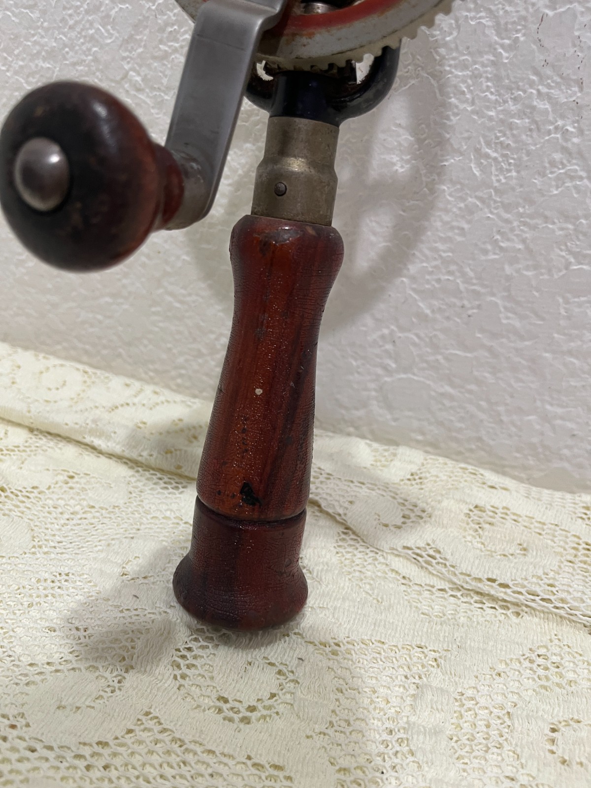 Vintage Eggbeater Hand Drill Manual Crank Wood Handle Red Gear Tool Decor