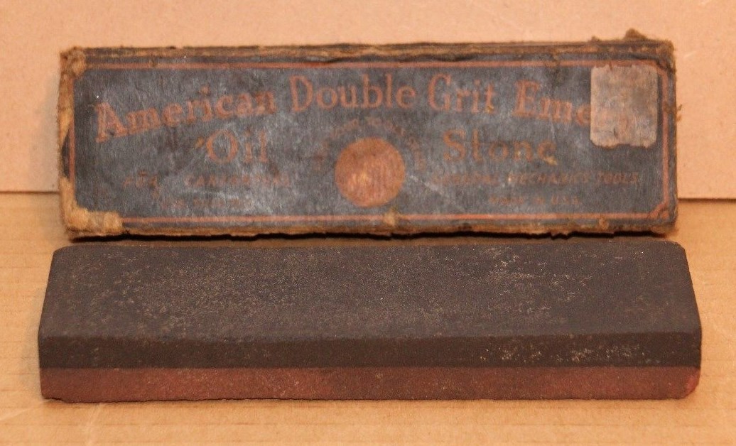AMERICAN DOUBLE GRIT EMERY OIL SHARPENING STONE WITH ORIGINAL BOX VINTAGE TOOL