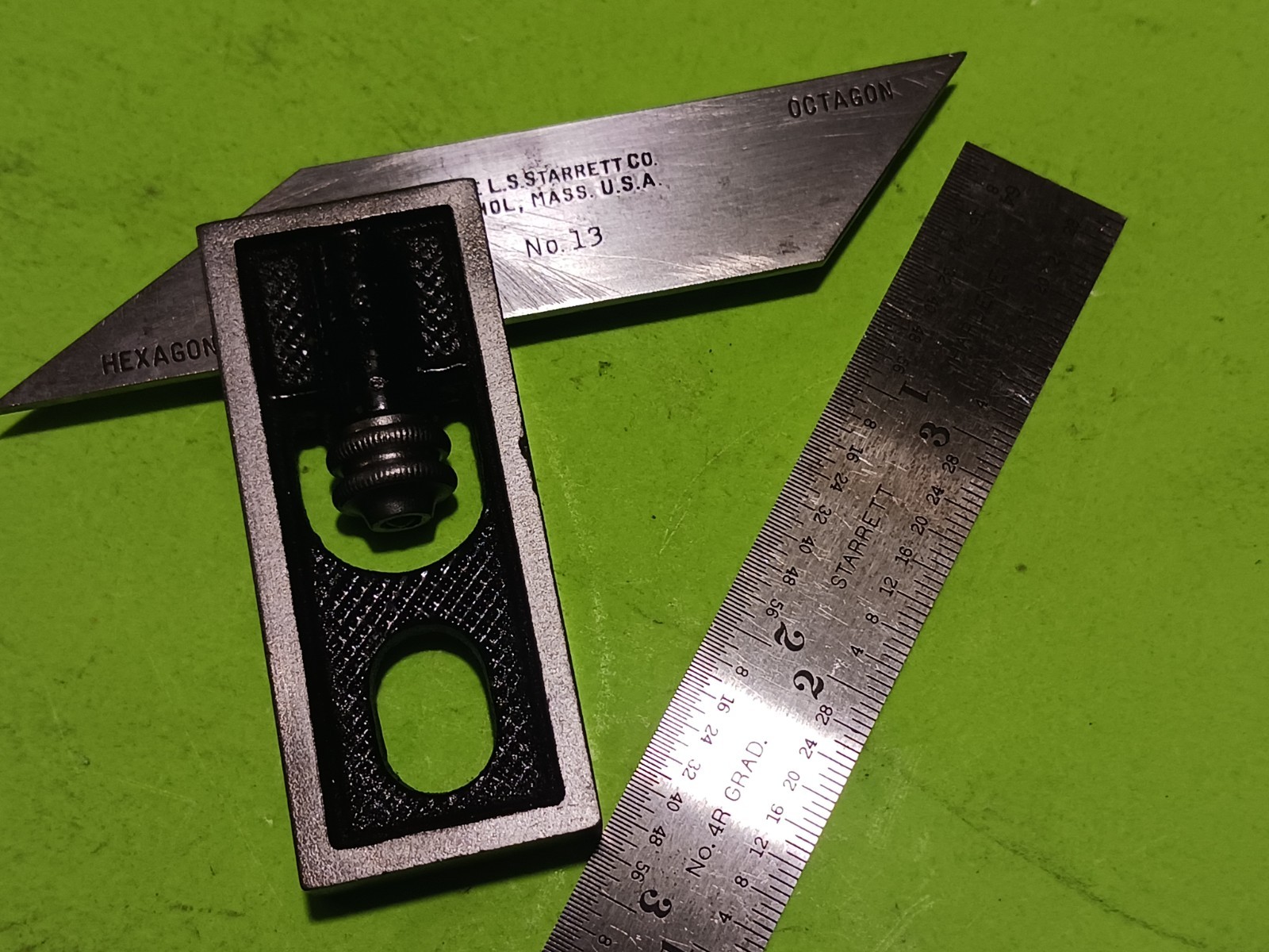 Vintage Starrett 4″ No. 13-3pcs Double Square Head, 4″ Rule & bevel works great