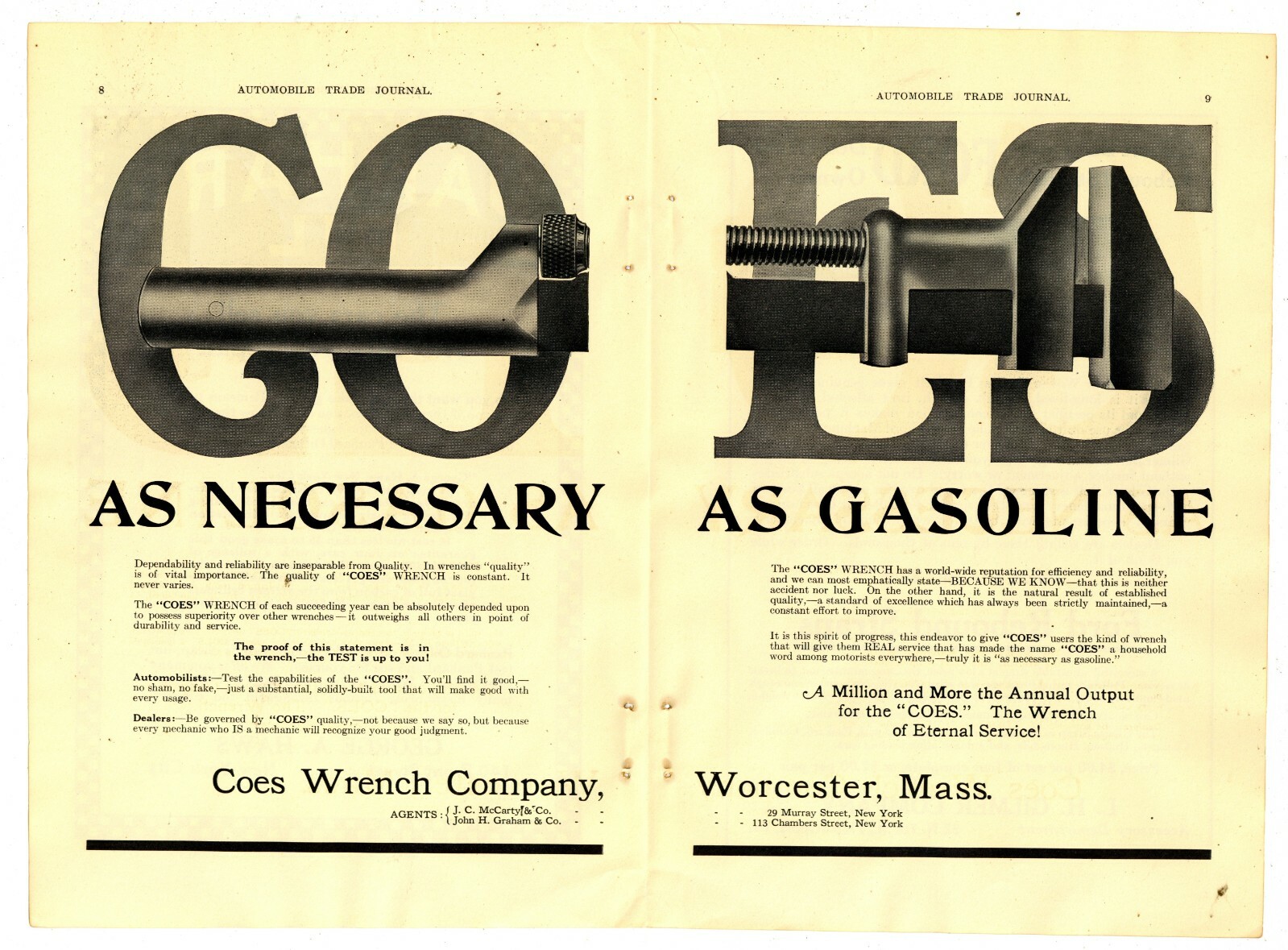 1913 COES Wrench Co. True Centerfold 2 Pg. Ad: Necessary as Gas! Worcester, MA