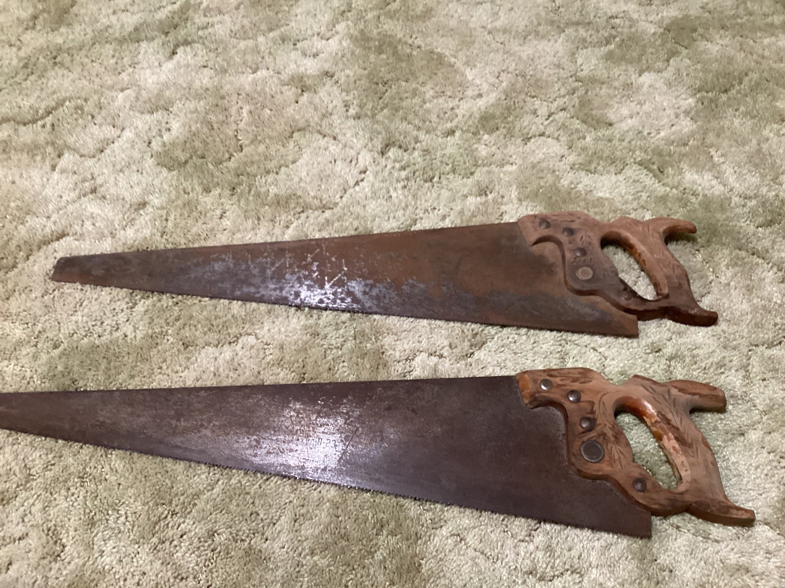 2 Vintage Henry Disston & Sons 26” Hand Saws Wheat Carved Wood Handles Antique