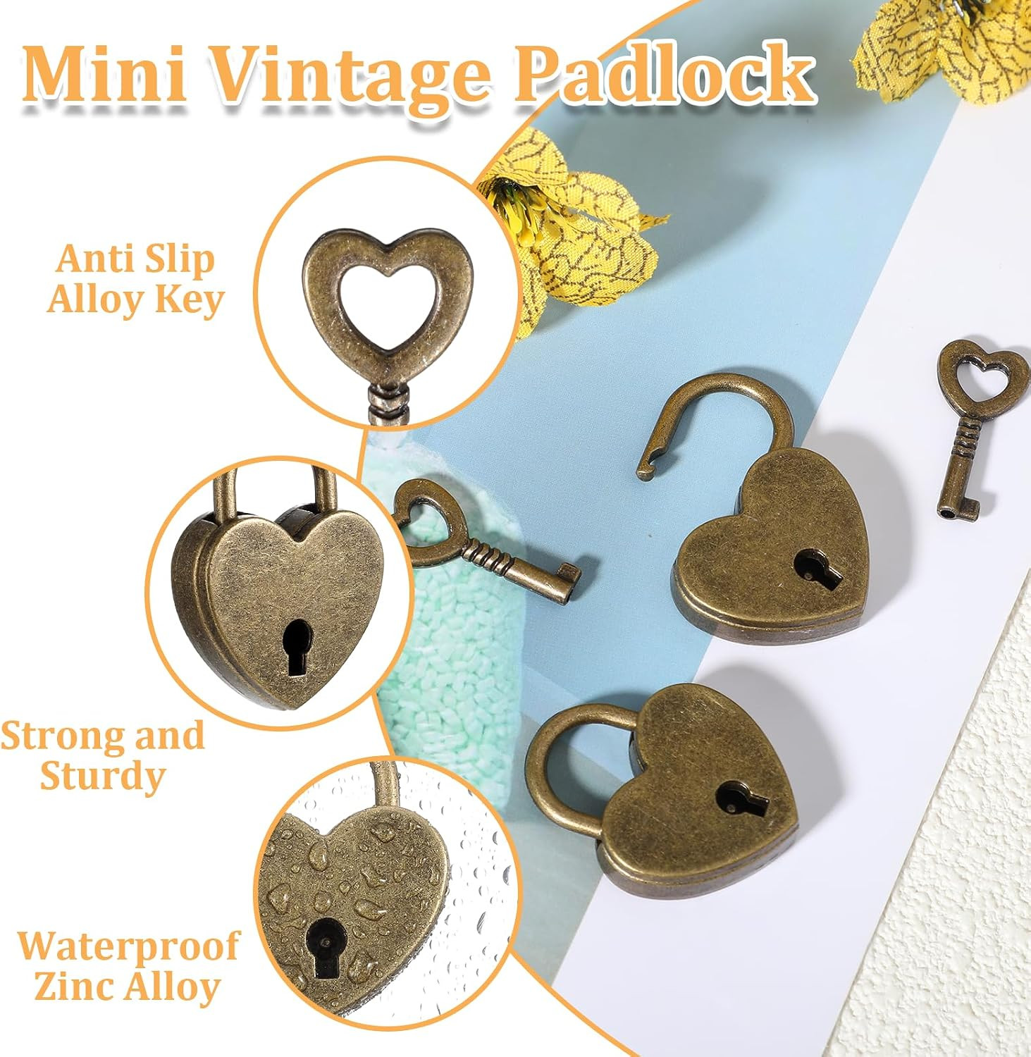 2Pcs Small Heart Locks with Key Bronze Antique Padlocks for Jewelry Box Diary