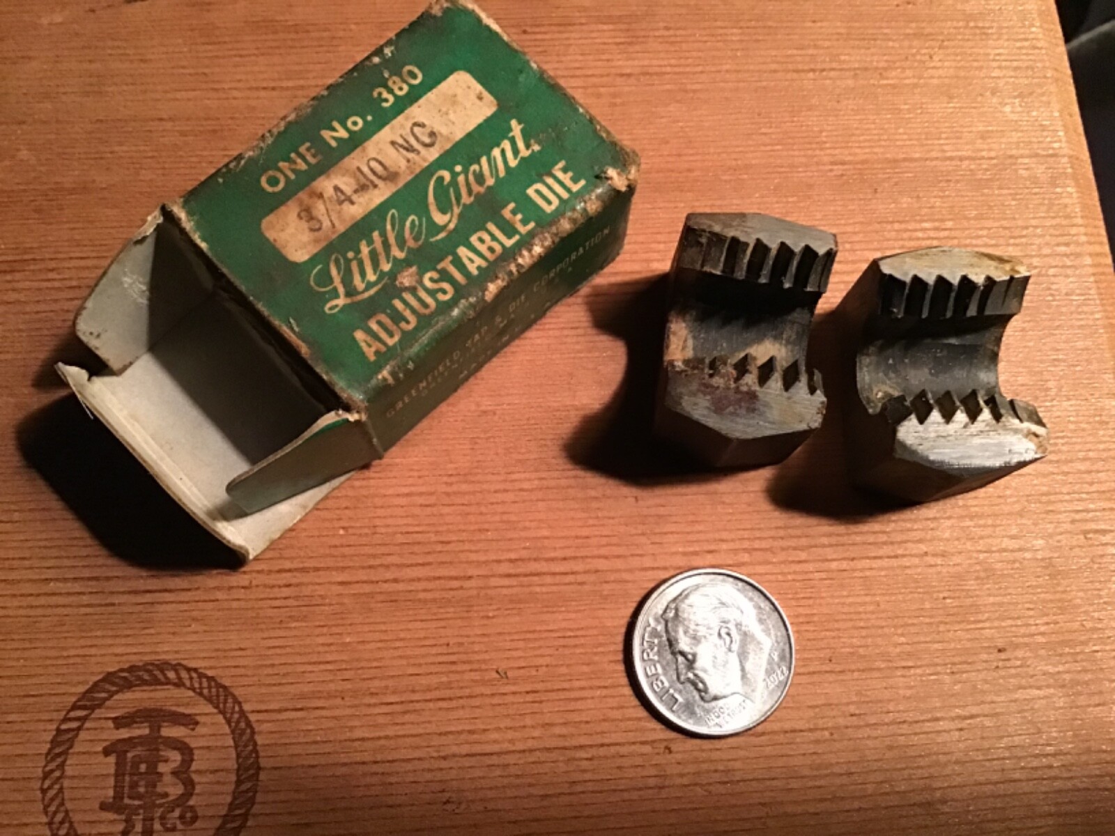 Old Vintage Greenfield Little Giant No. 380 Adjustable Die Set 3/4”- 10 USA MADE