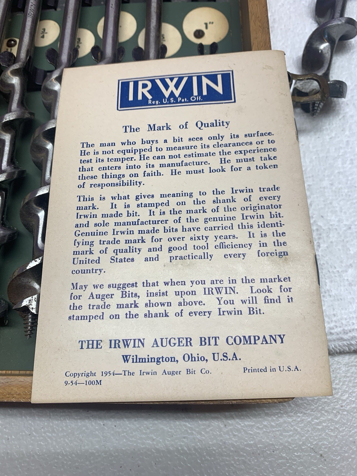 Vintage Irwin Complete 13 pc Set Auger Brace Bits USA With Original Wood Box