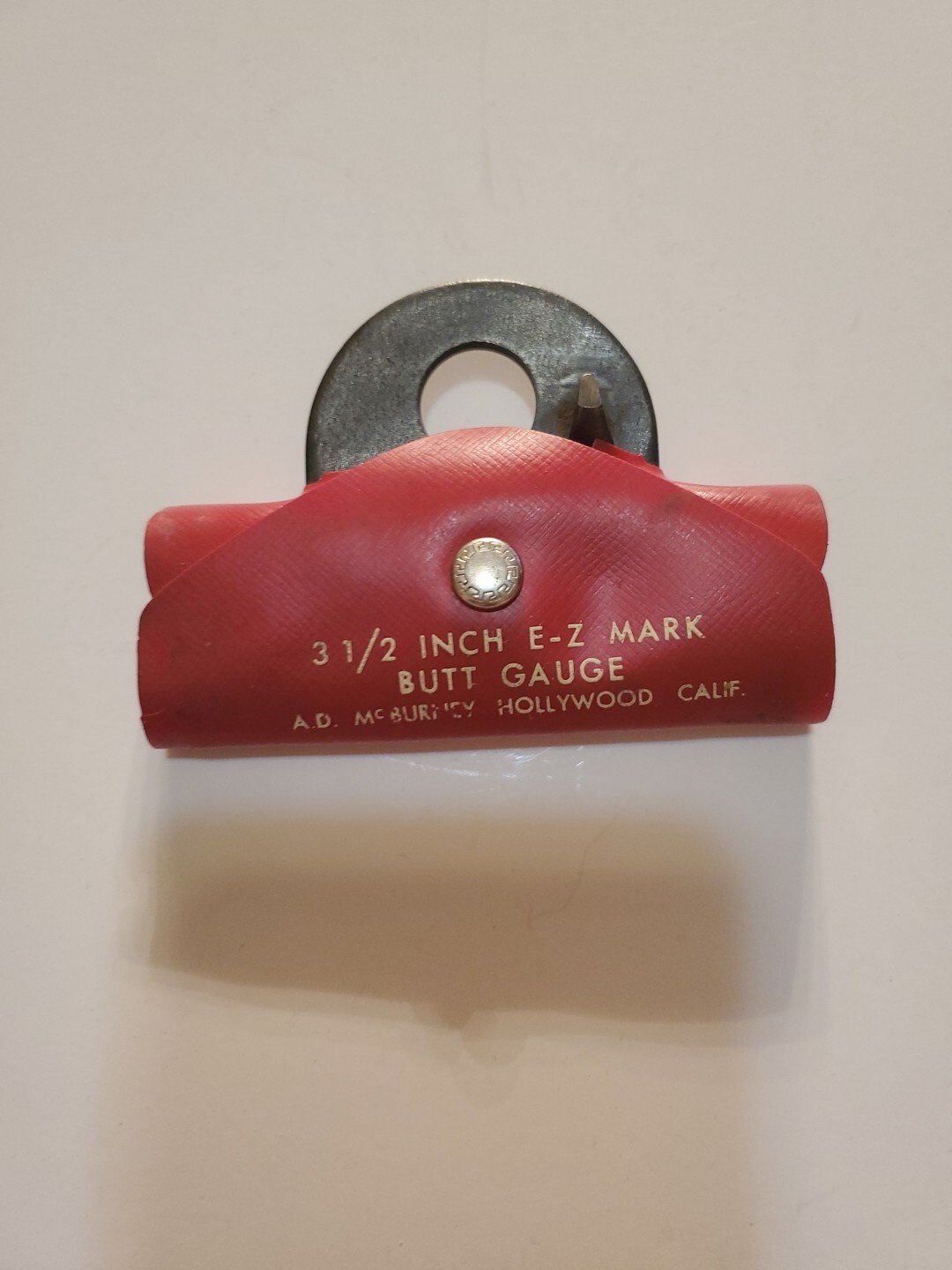Vintage E-Z Mark Butt Gauge In Original Red Holder 3.5 inch, A.D. McBurney