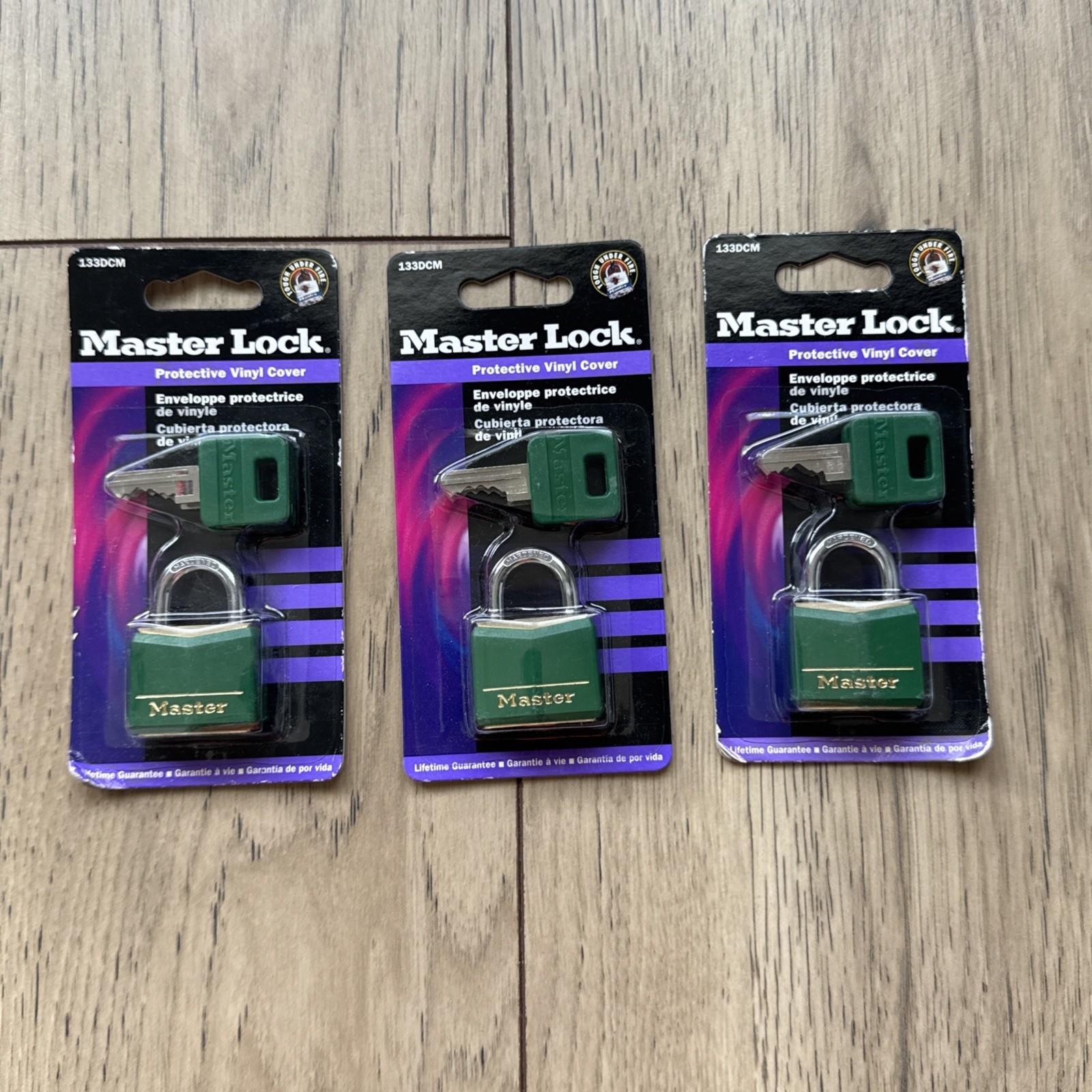 Lot Of 3 Master Lick Padlocks With 2 Keys Protective Vinyl Cover Green Sealed